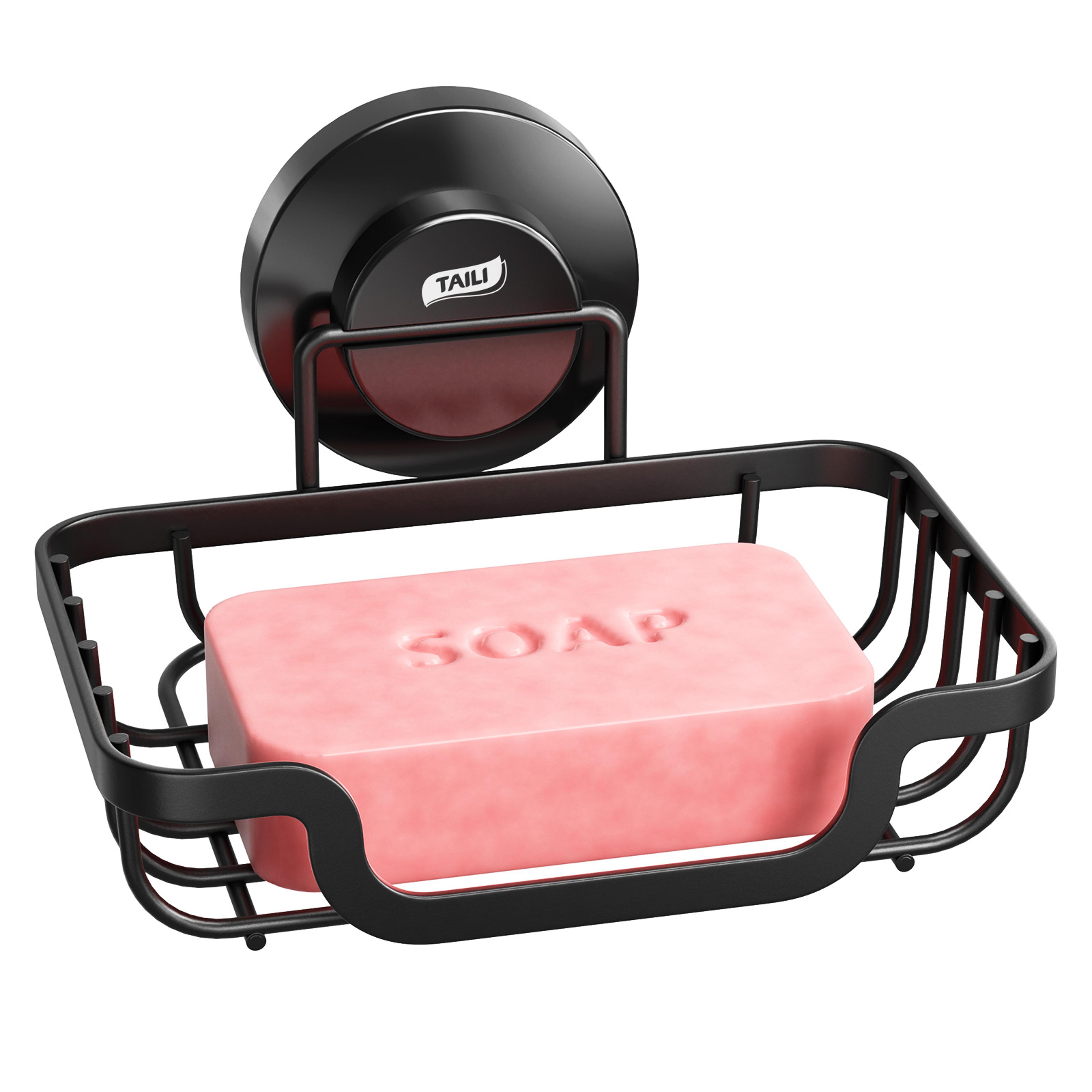 suction cup soap holder with self draining metal tray for shower bathroom and kitchen