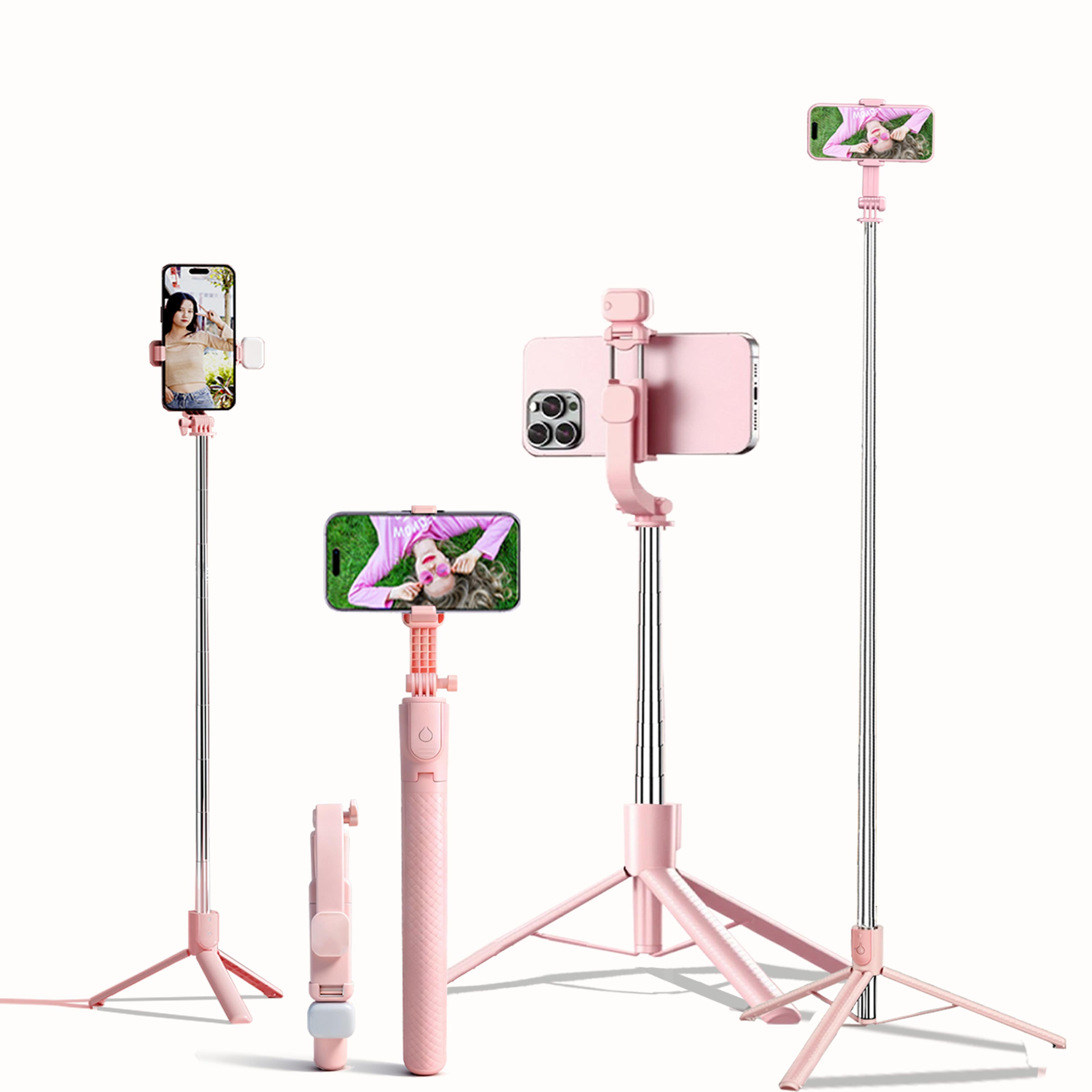 extendable aluminum selfie stick tripod with fill light and bluetooth remote