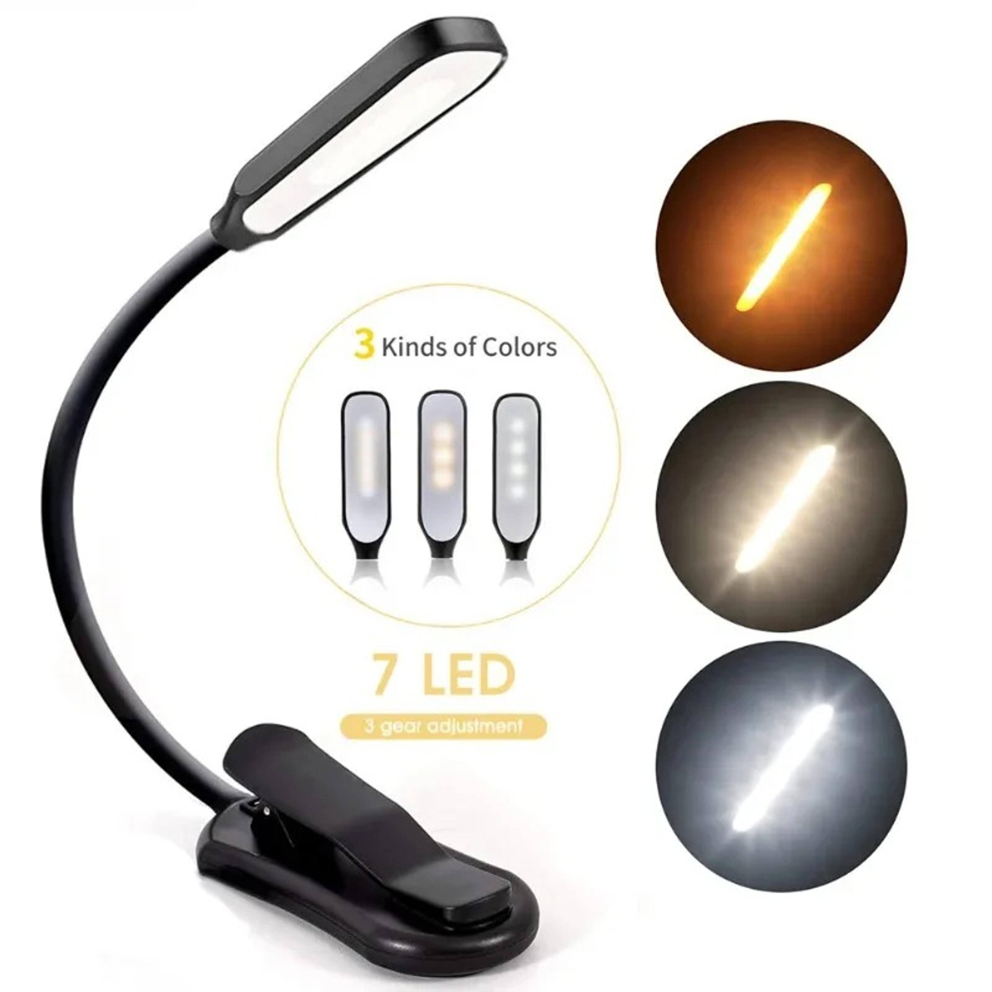 rechargeable book light with 7 leds flexible clip and 3-level warm and cool white lighting