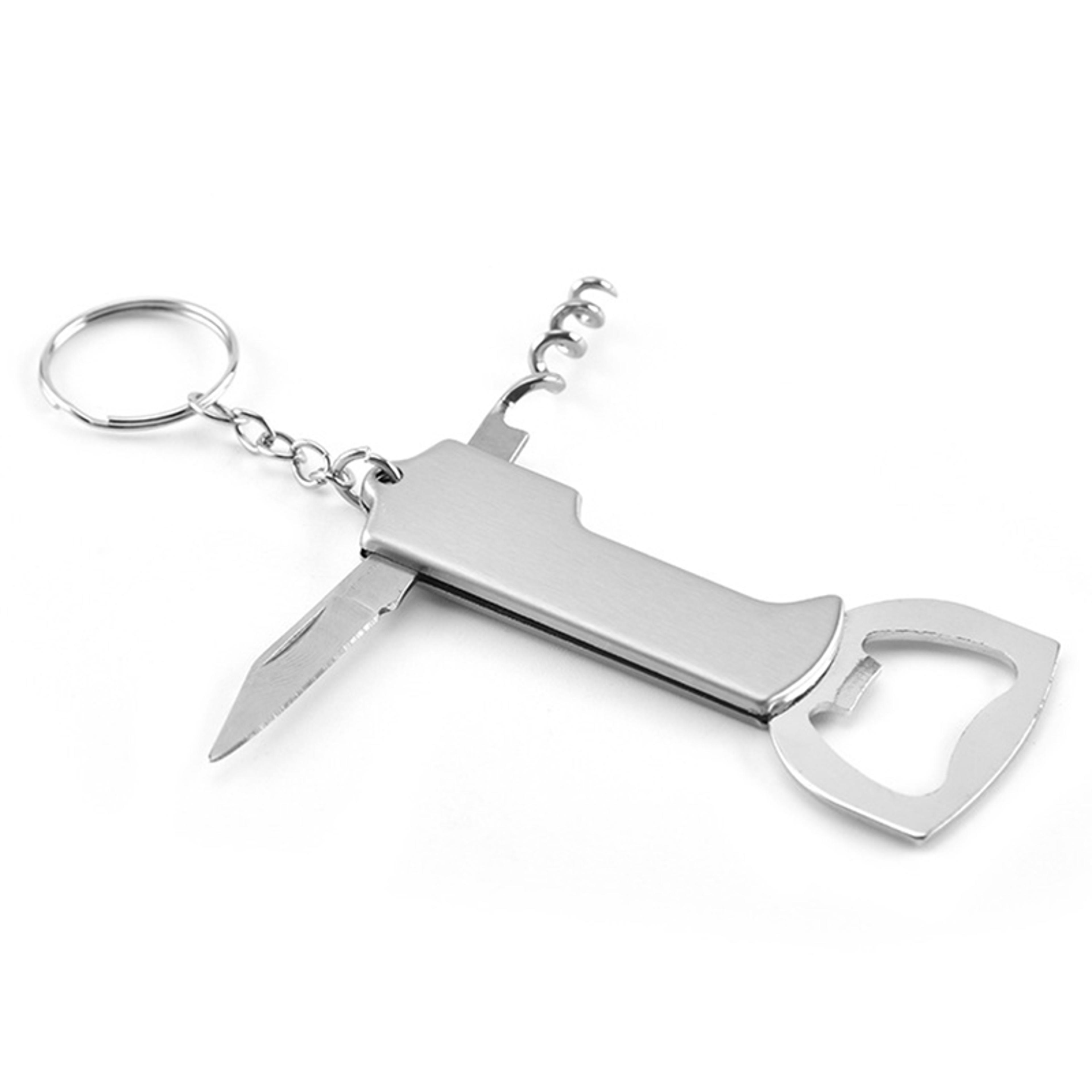stainless steel corkscrew wine opener with keychain and beer bottle opener