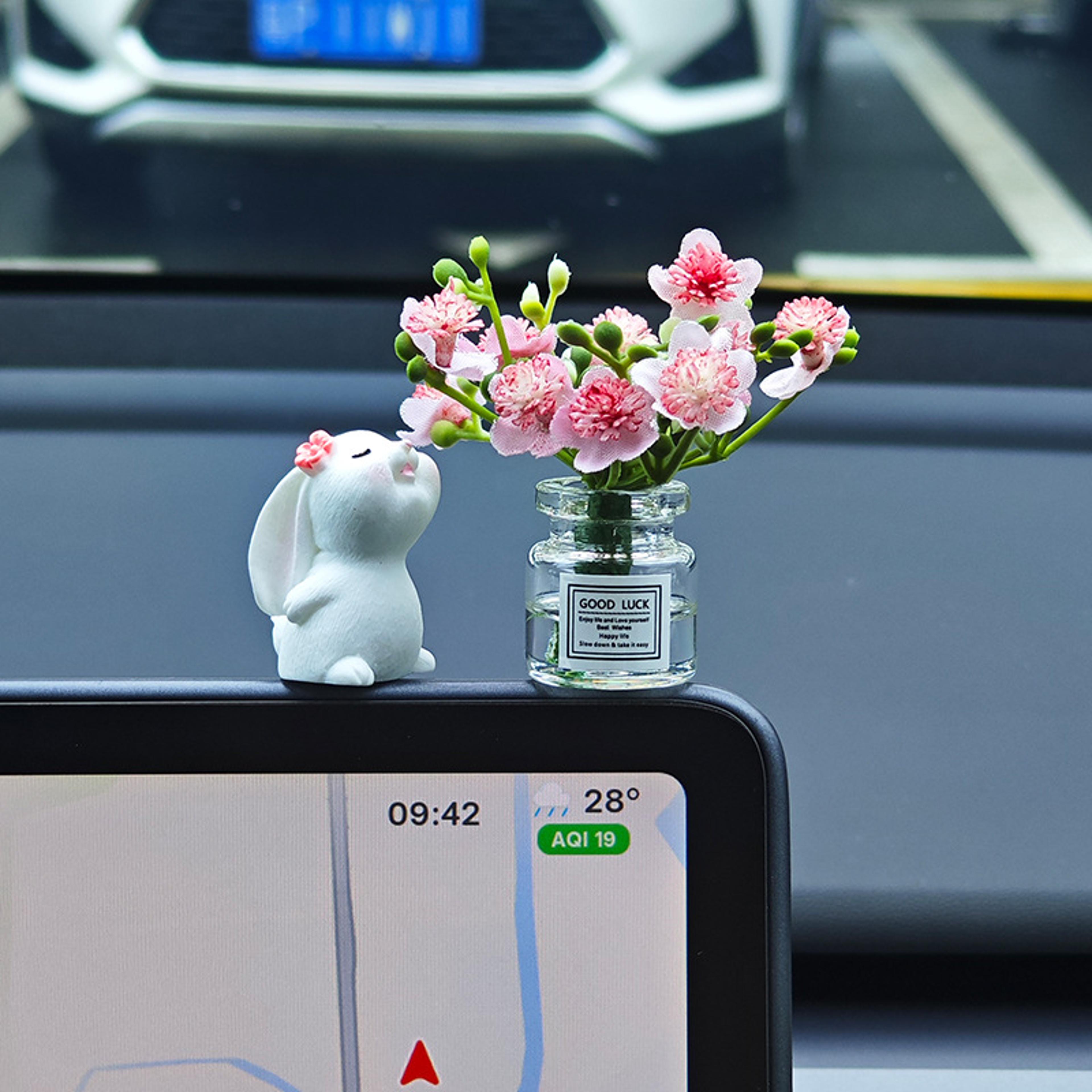 bunny car fragrance ornament – resin floral mini vase dashboard decoration