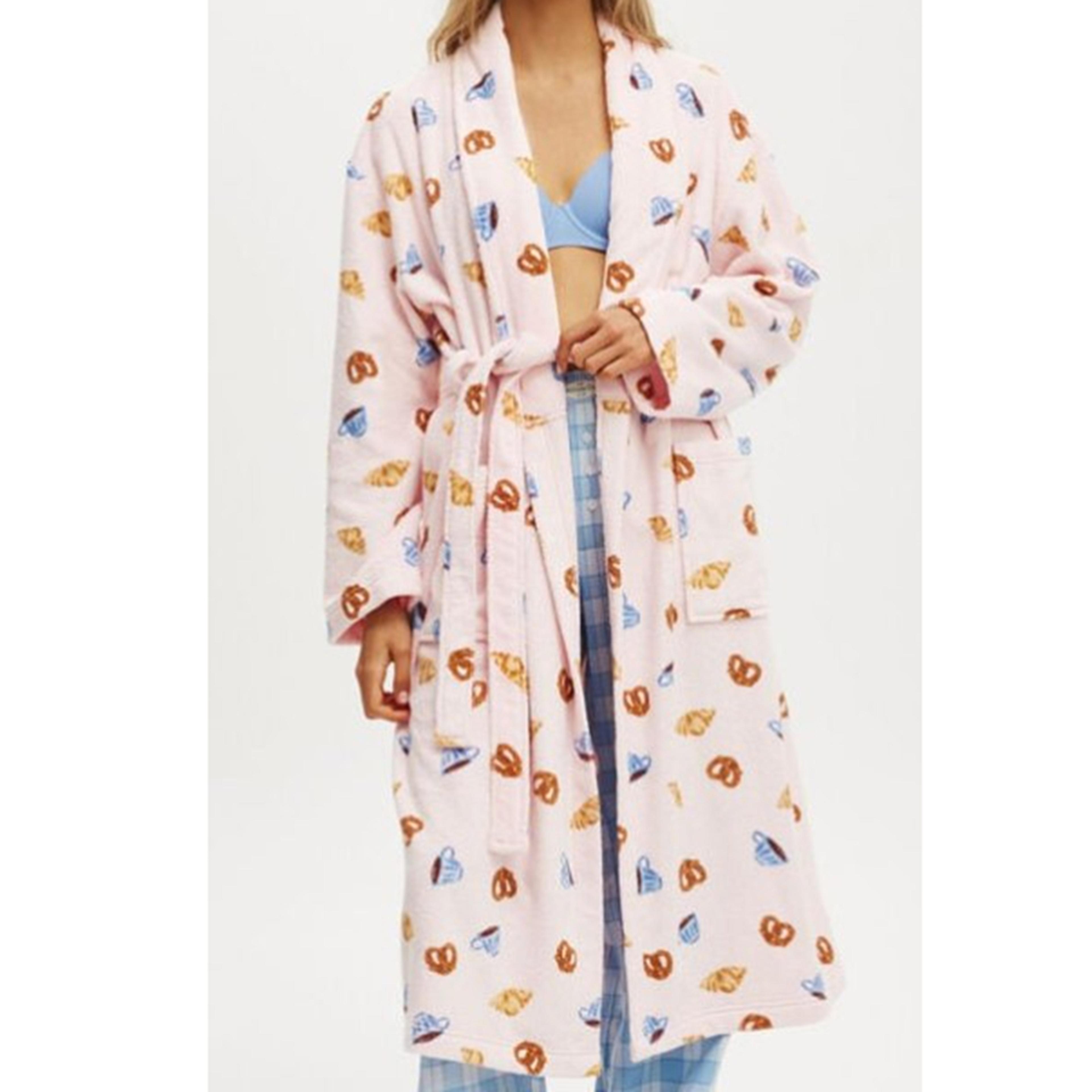 women's flannel robe with lace-up design – soft printed mid-calf bathrobe