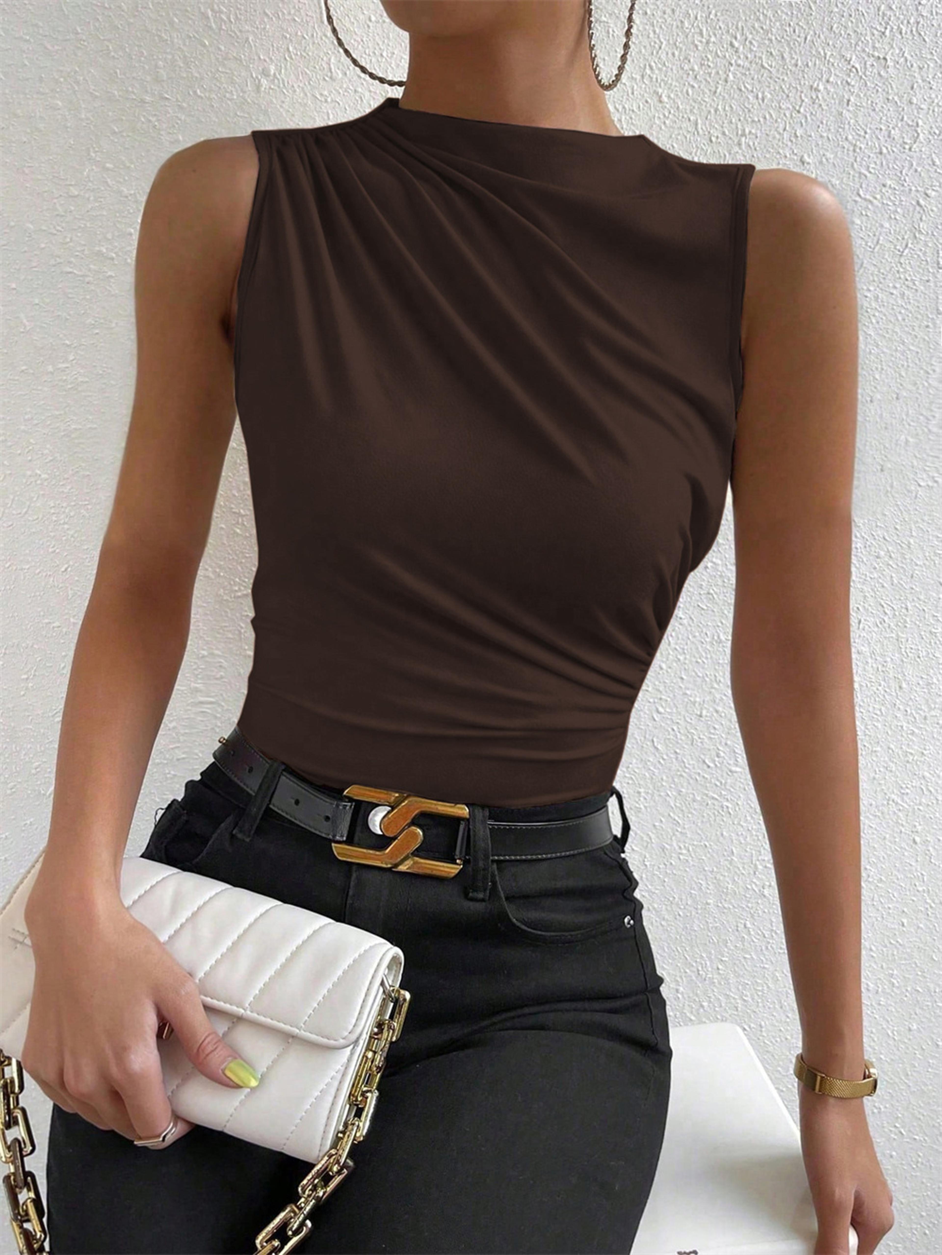 women's mock neck ruched tank top – sleeveless solid color summer casual shirt