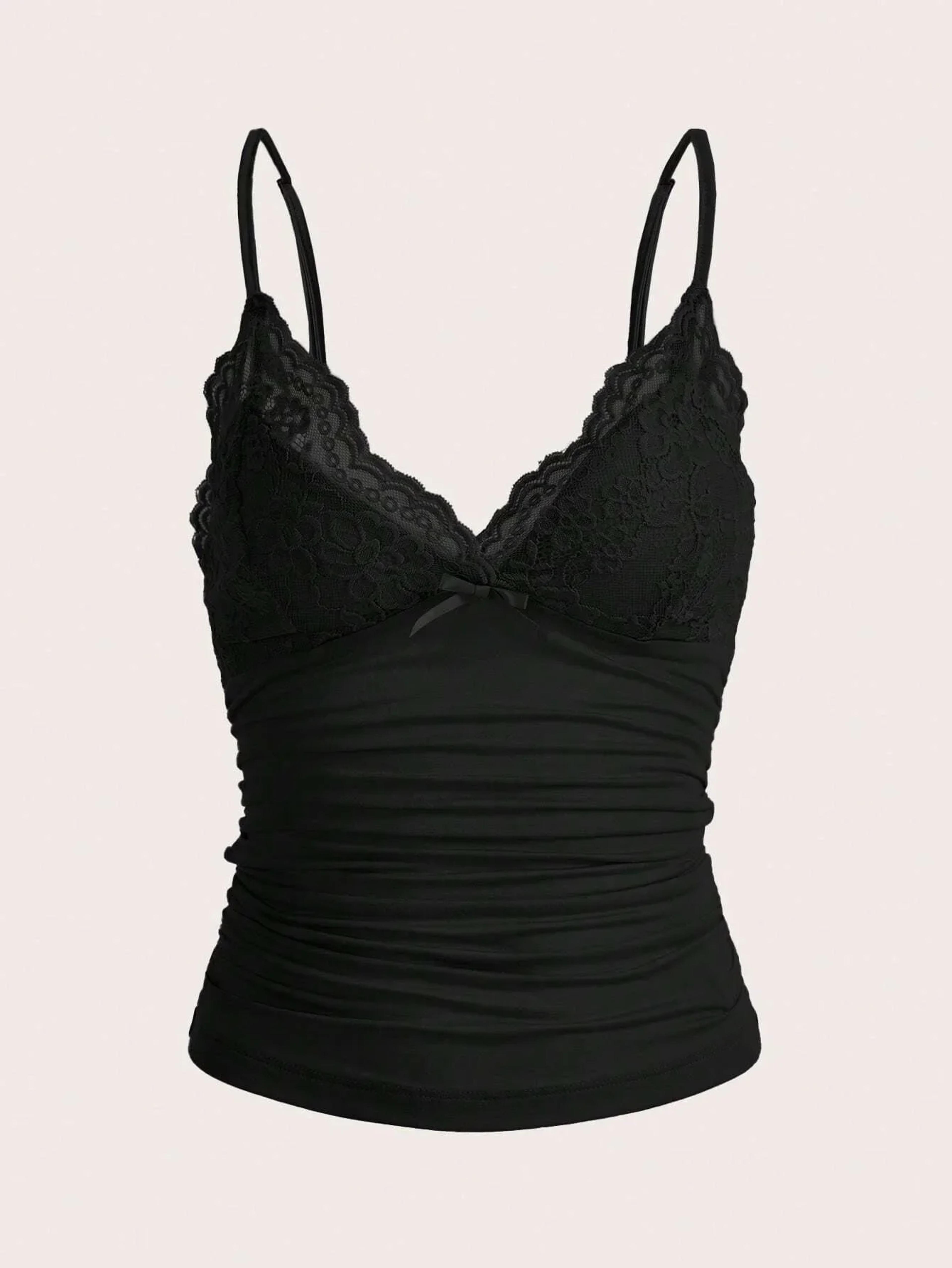 women's lace trim crop cami top with bow front and ruched backless y2k design