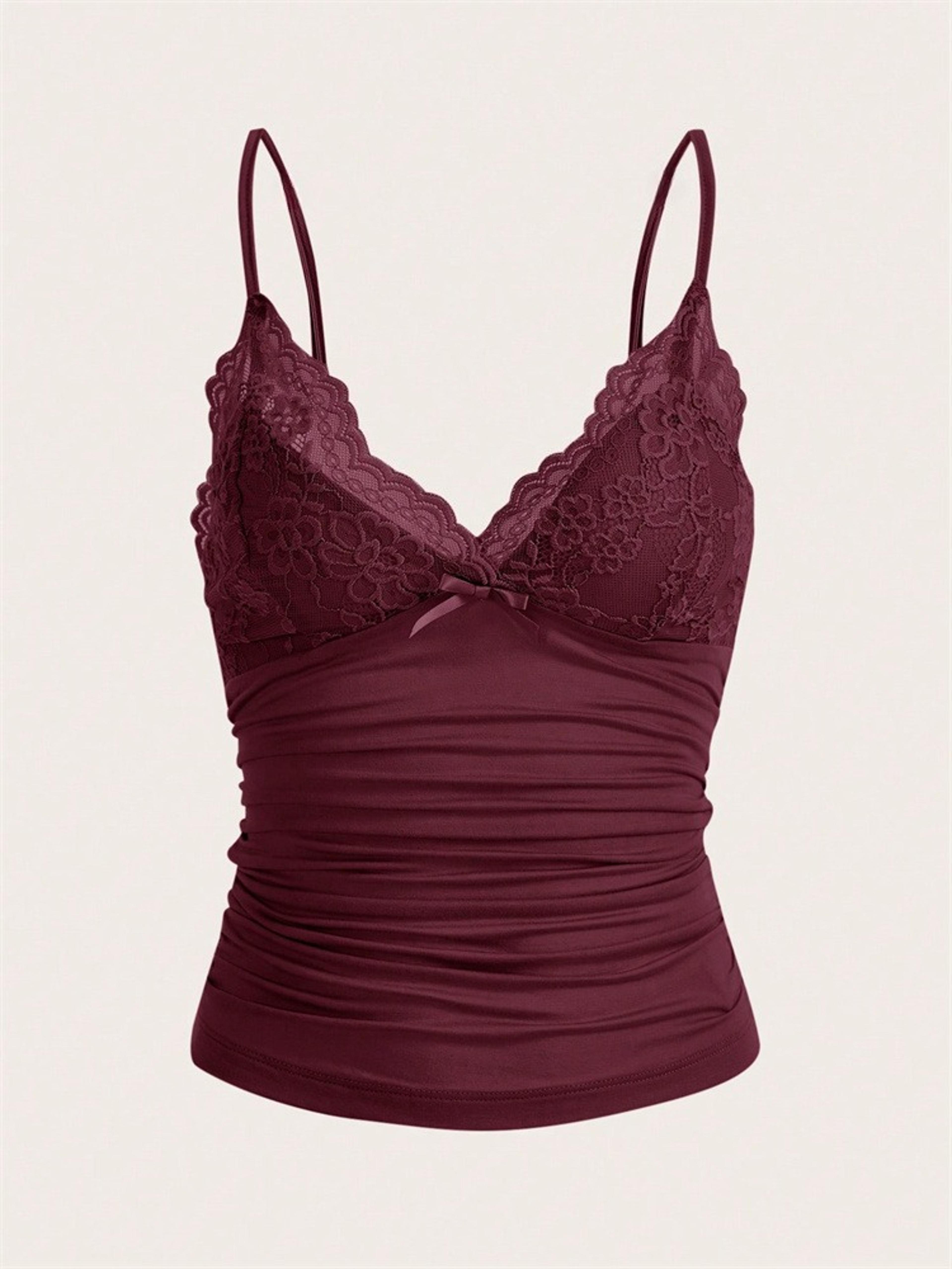 women's lace trim crop cami top with bow front ruched detail and backless design