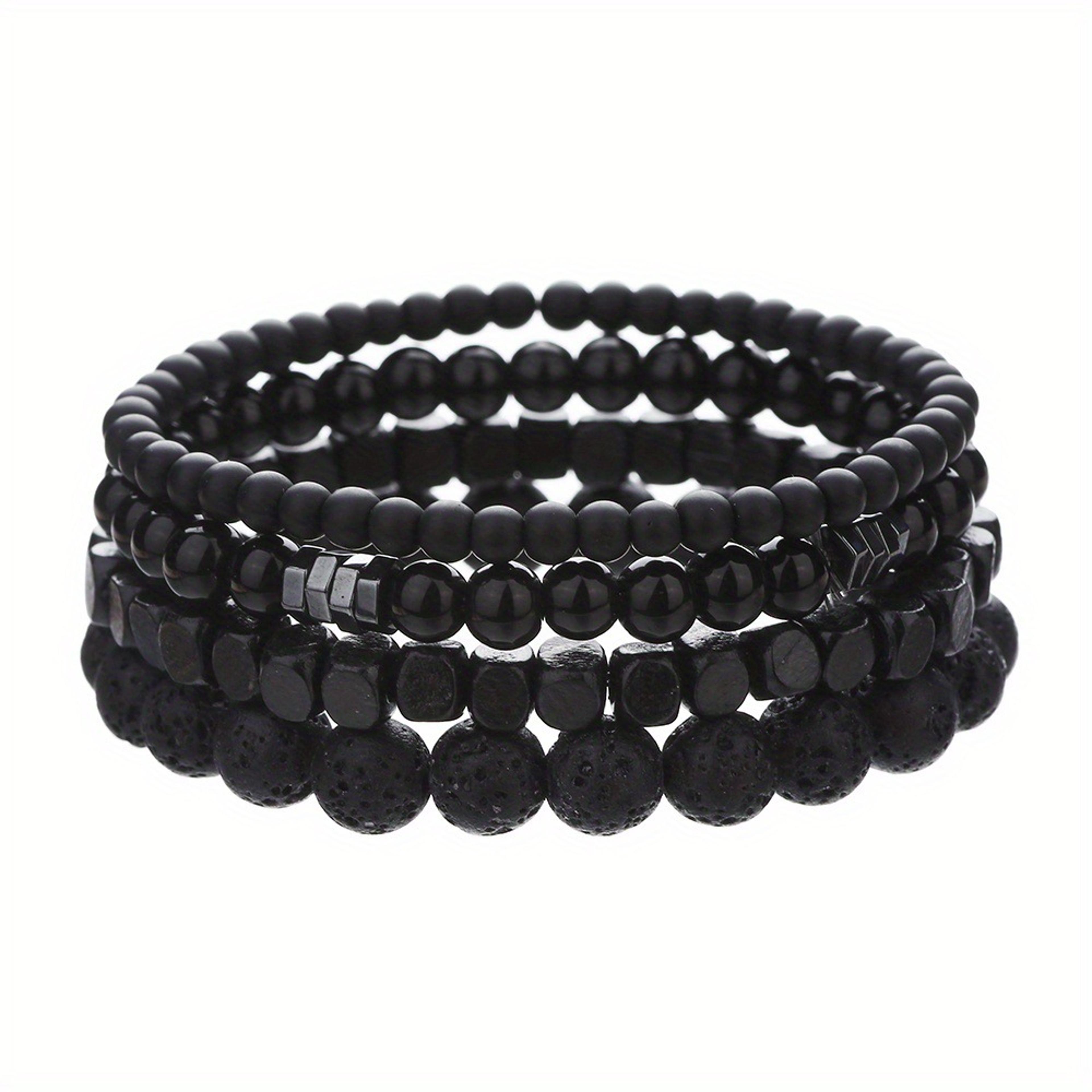 4-piece black lava rock beaded bracelet set with elastic stretch design