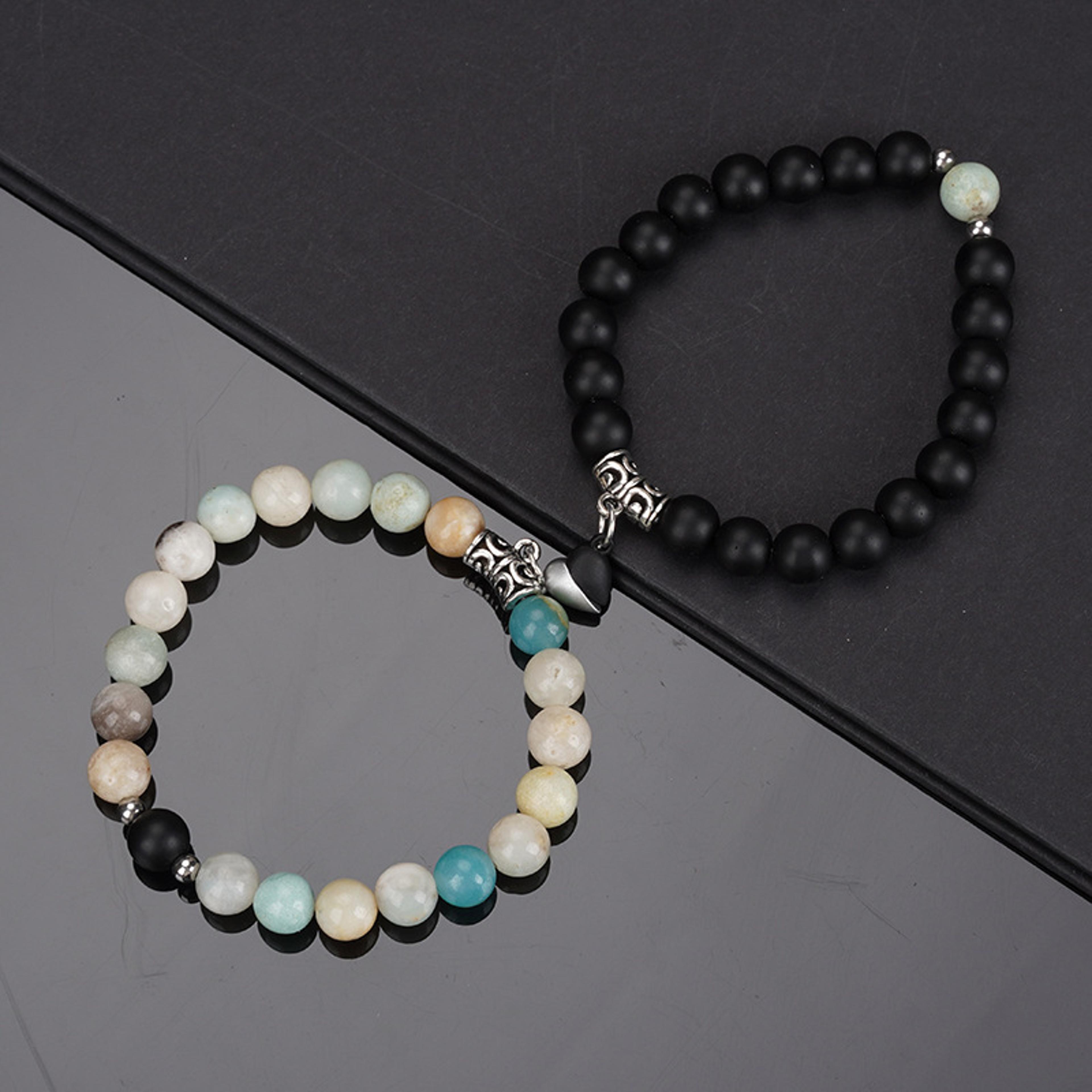 natural stone beaded couple bracelets with magnetic heart charms 2-piece set