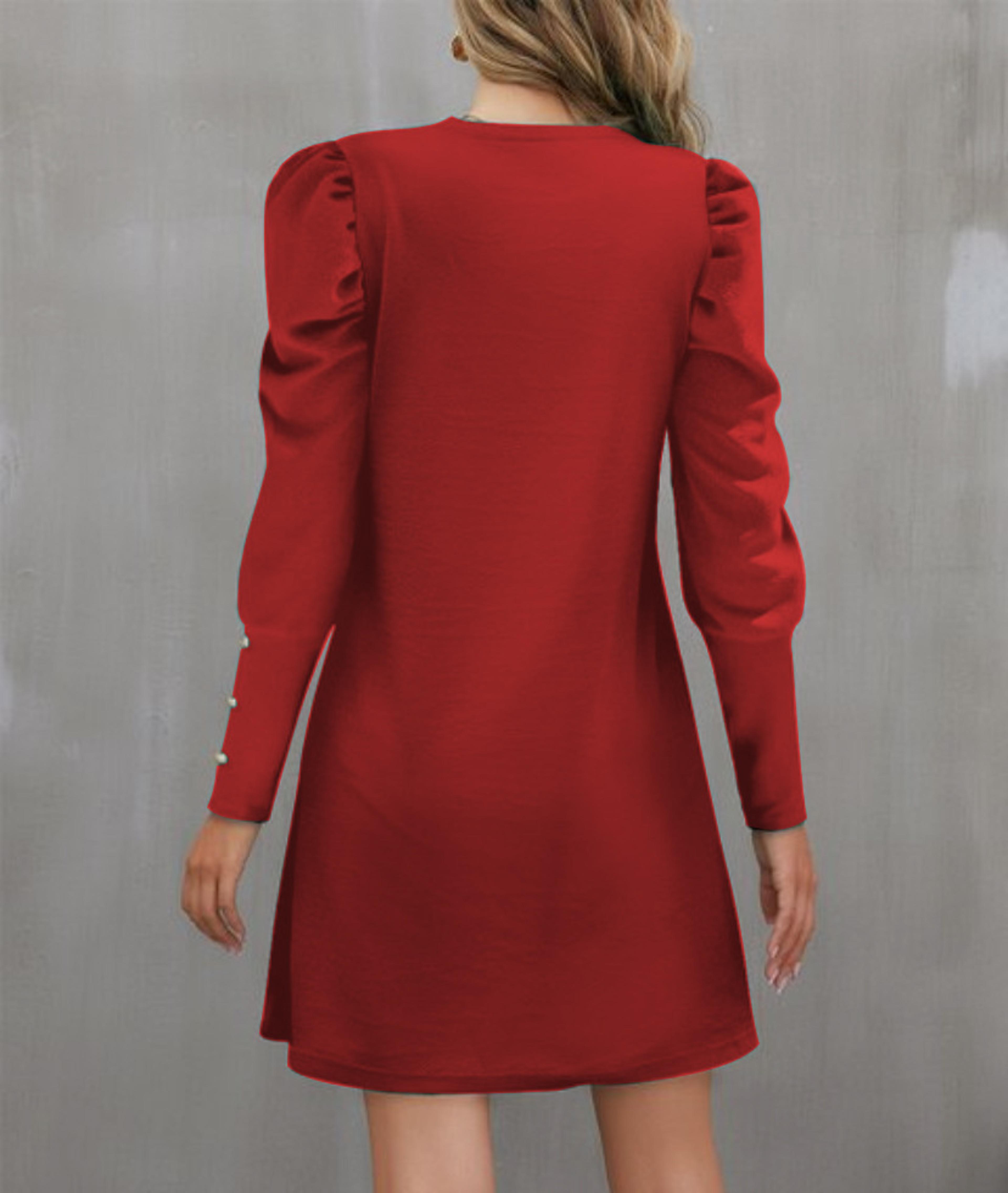 Womens ALine KneeLength Dress With Puff Sleeves And Decorative Buttons 4