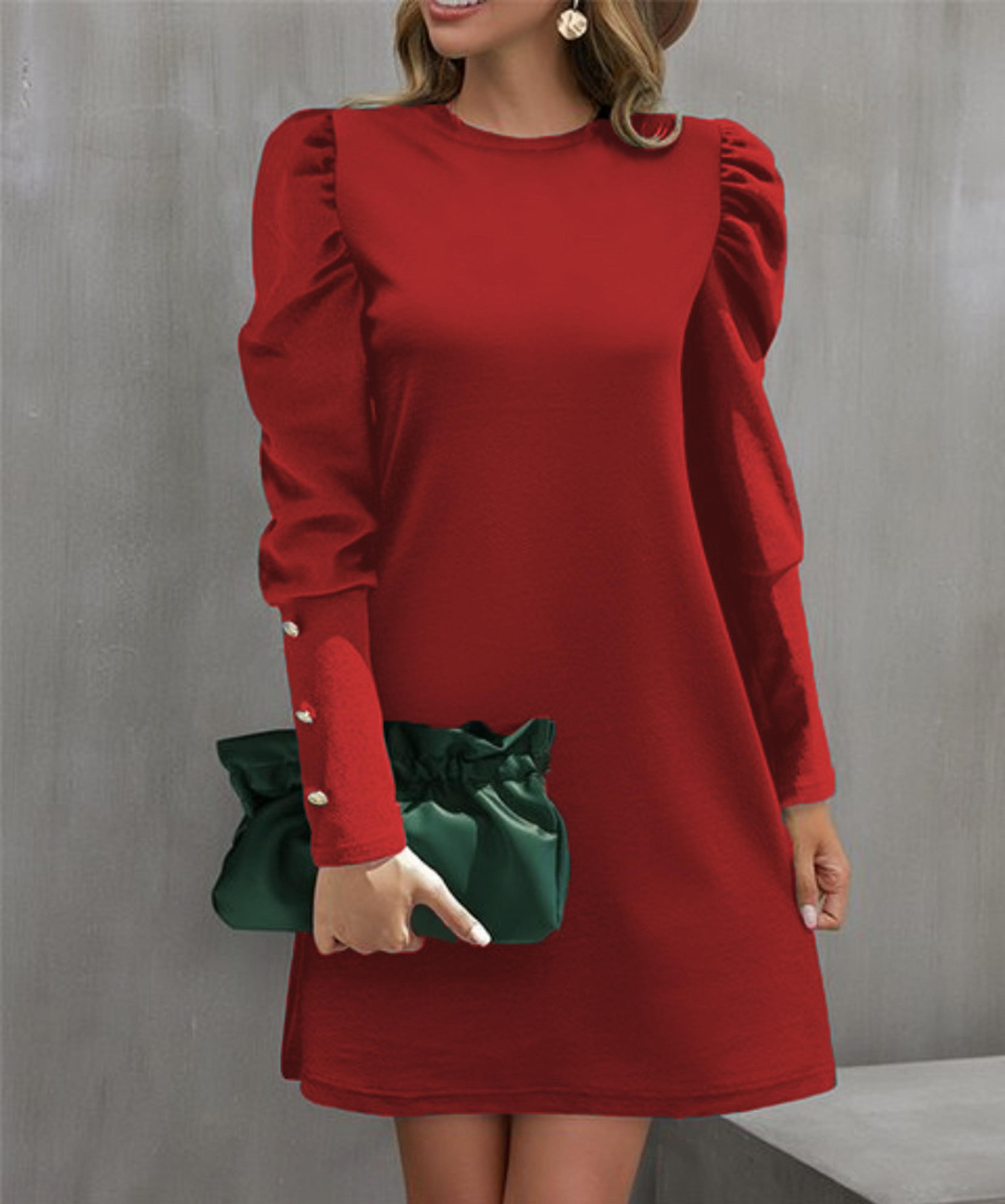 Womens ALine KneeLength Dress With Puff Sleeves And Decorative Buttons 15