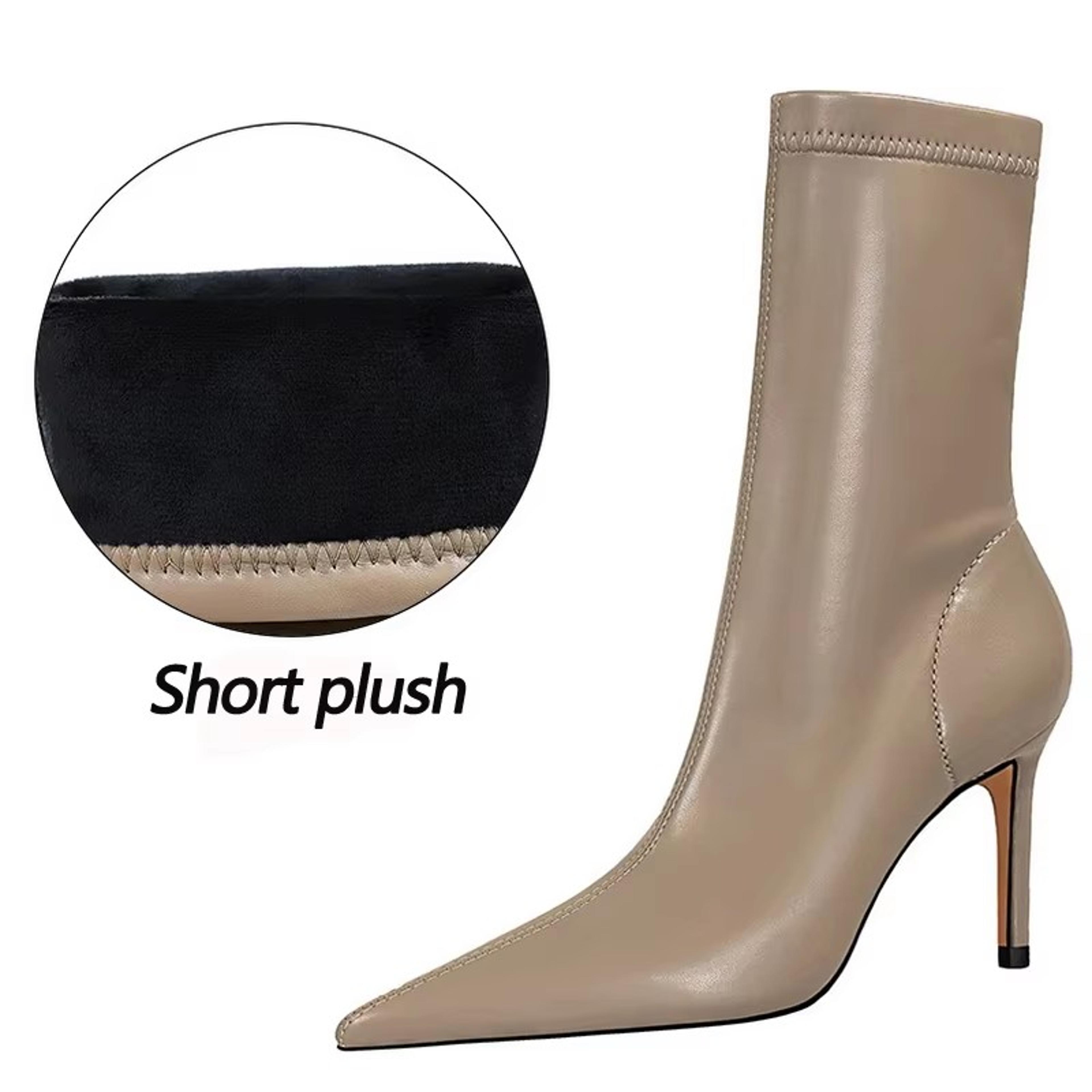 women's pointed toe high heel ankle boots with plush lining and slip-on design