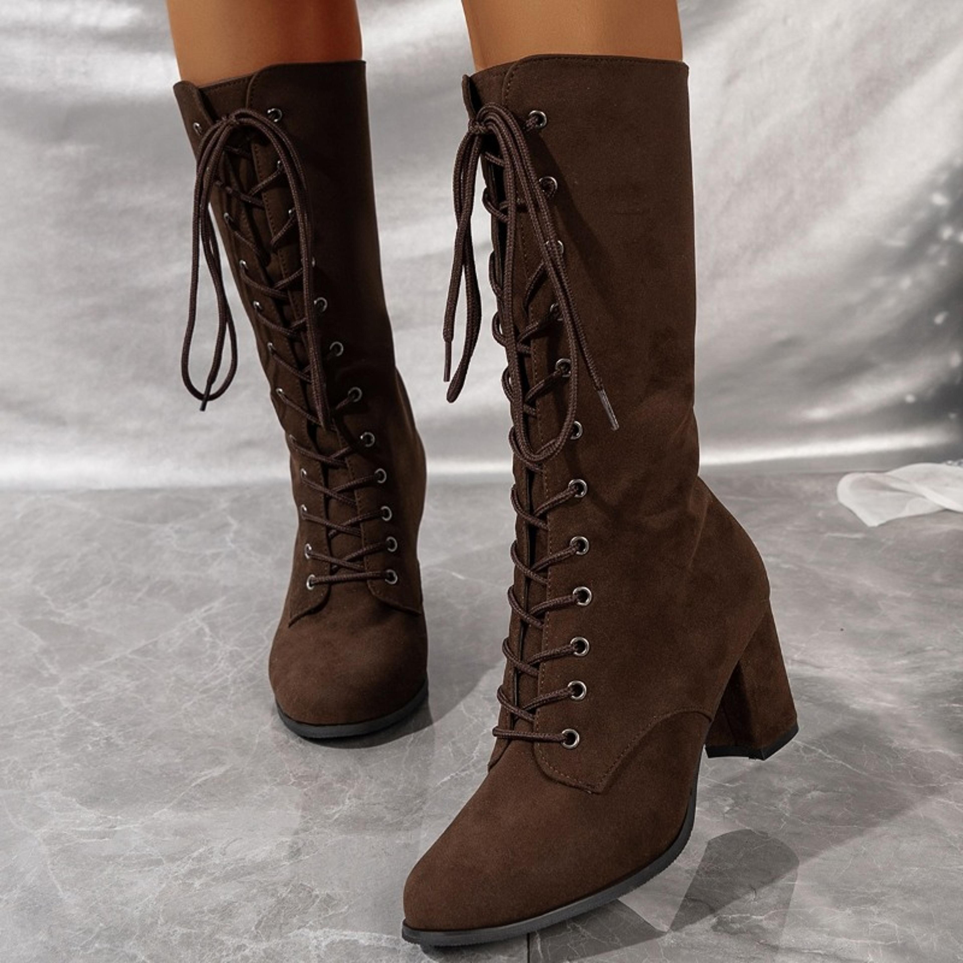 Womens MidCalf Suede Boots With LaceUp Closure And Square Heel 3