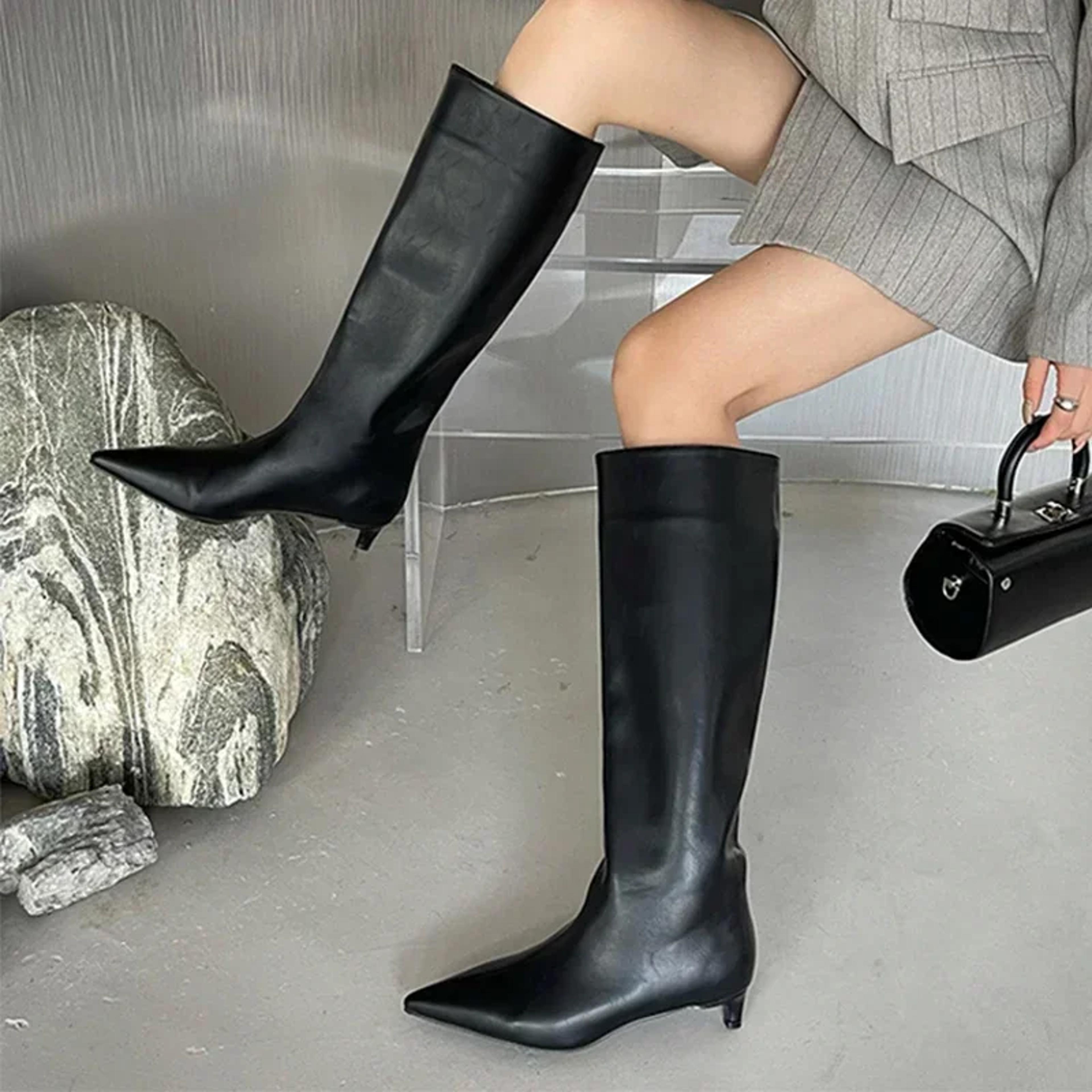 Womens Pointed Toe KneeHigh Boots With Low Thin Heels And SlipOn Design 6