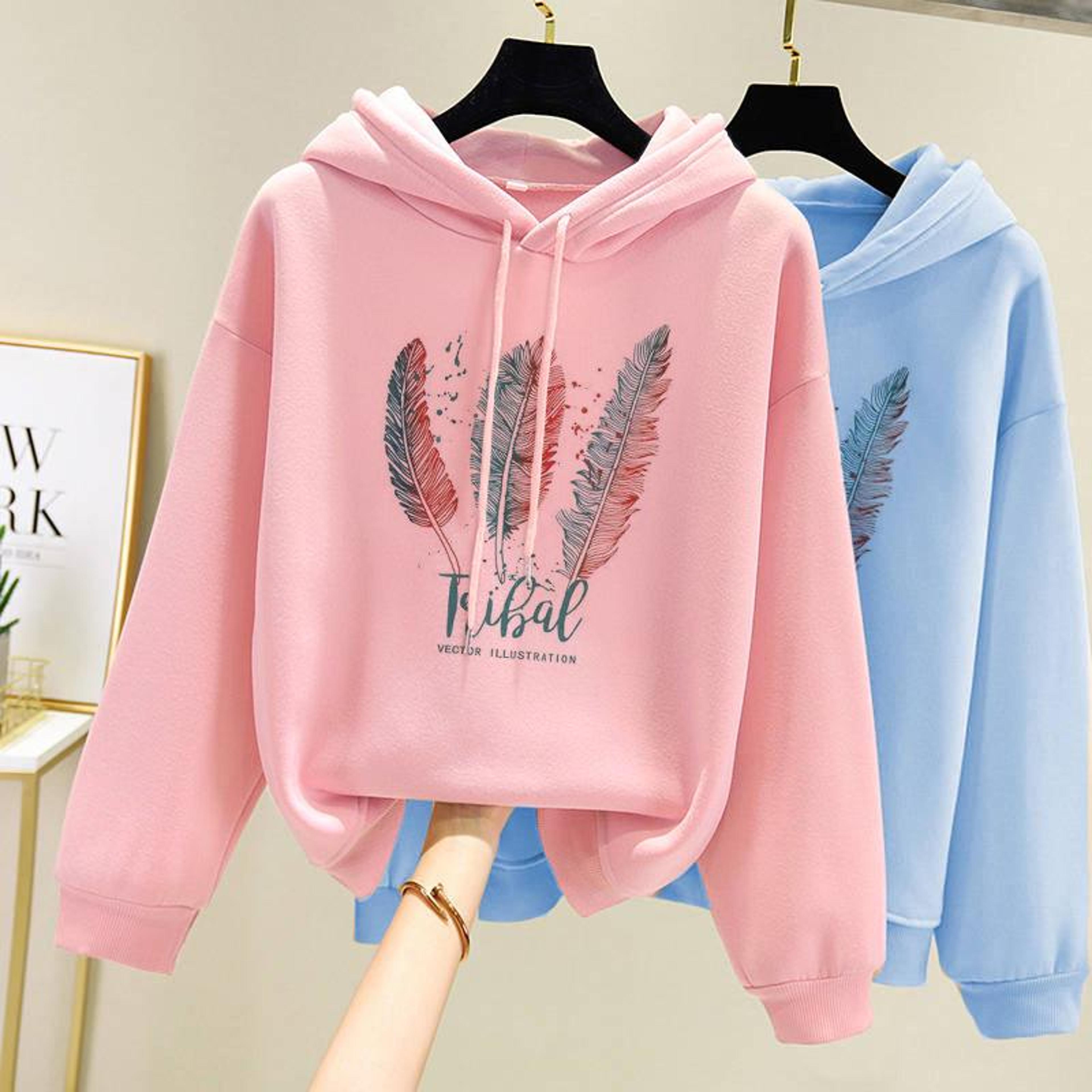 women's feather print fleece hoodie – loose fit casual sweatshirt