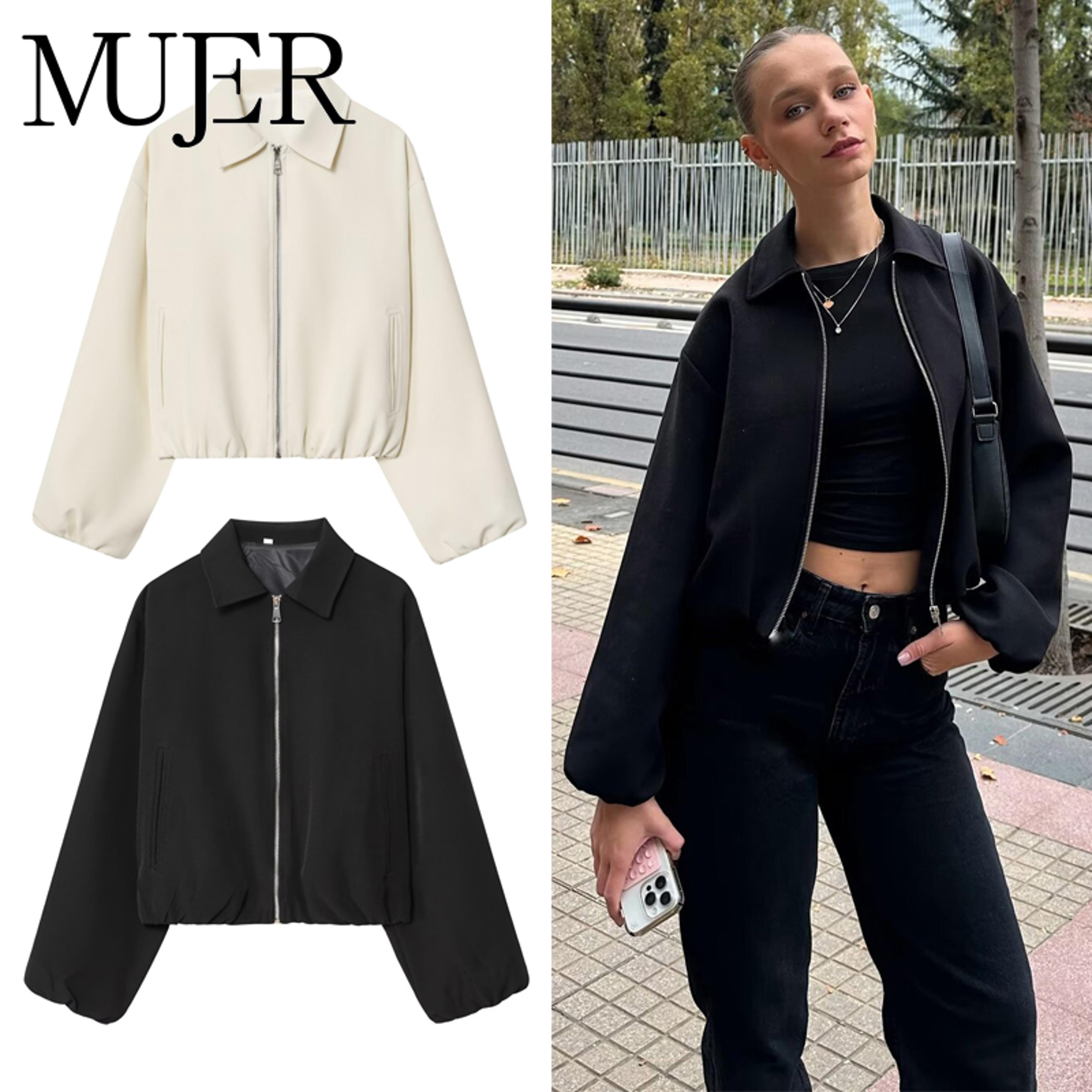 women's cropped puffer bomber jacket with zip front and turn-down collar