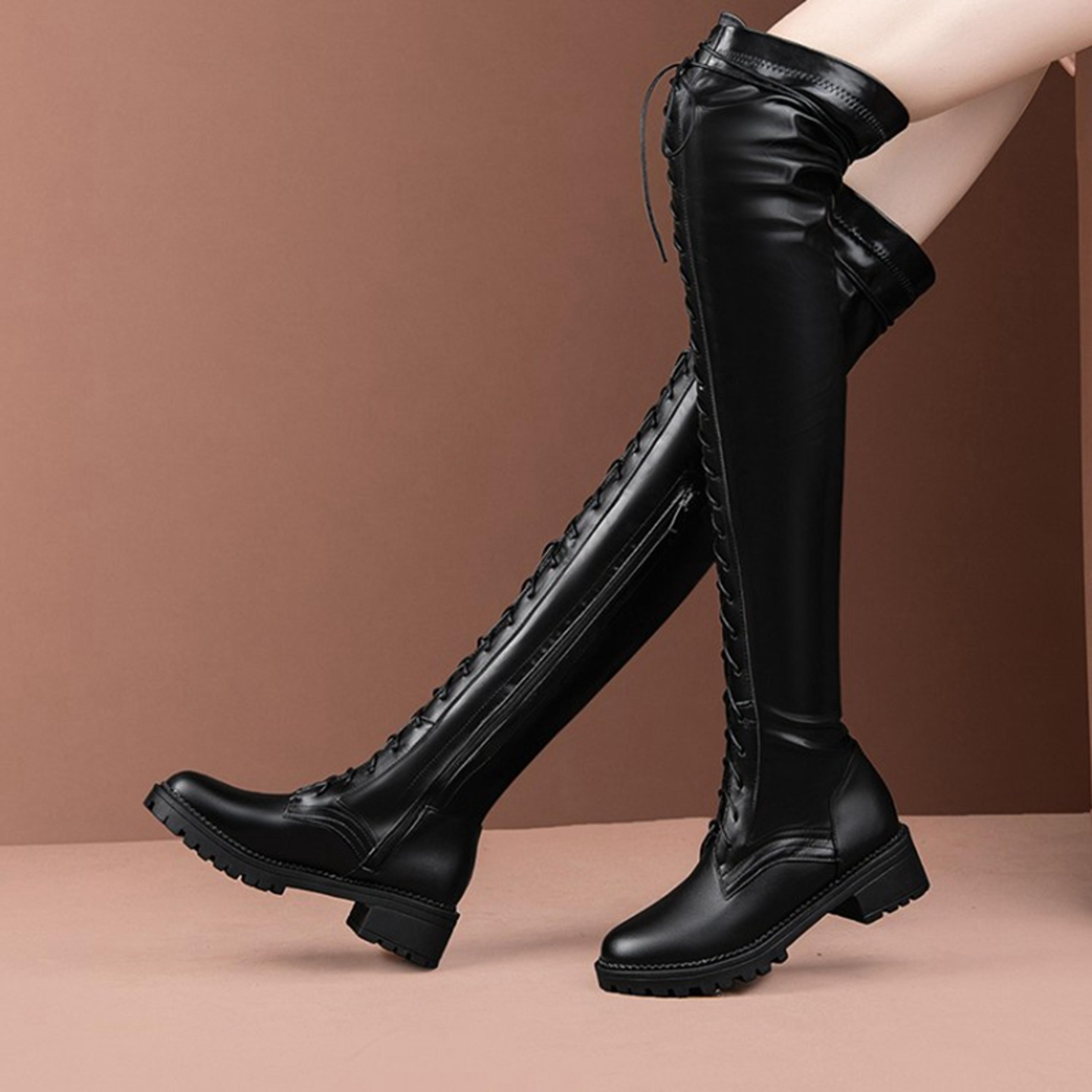 Womens OvertheKnee Platform Boots With LaceUp Detail And Block Heels 3