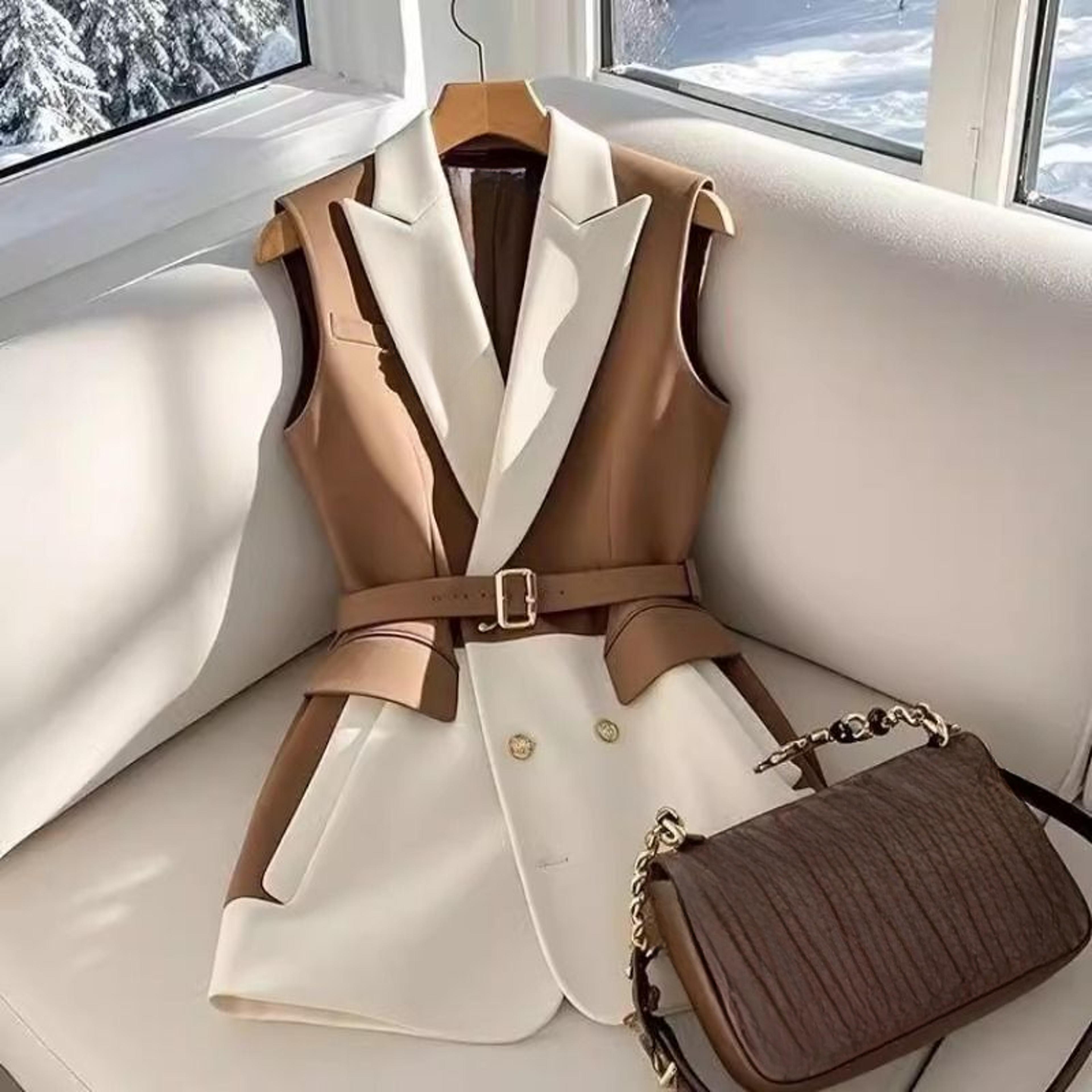 women's korean style v-neck suit vest with sash and slimming fit