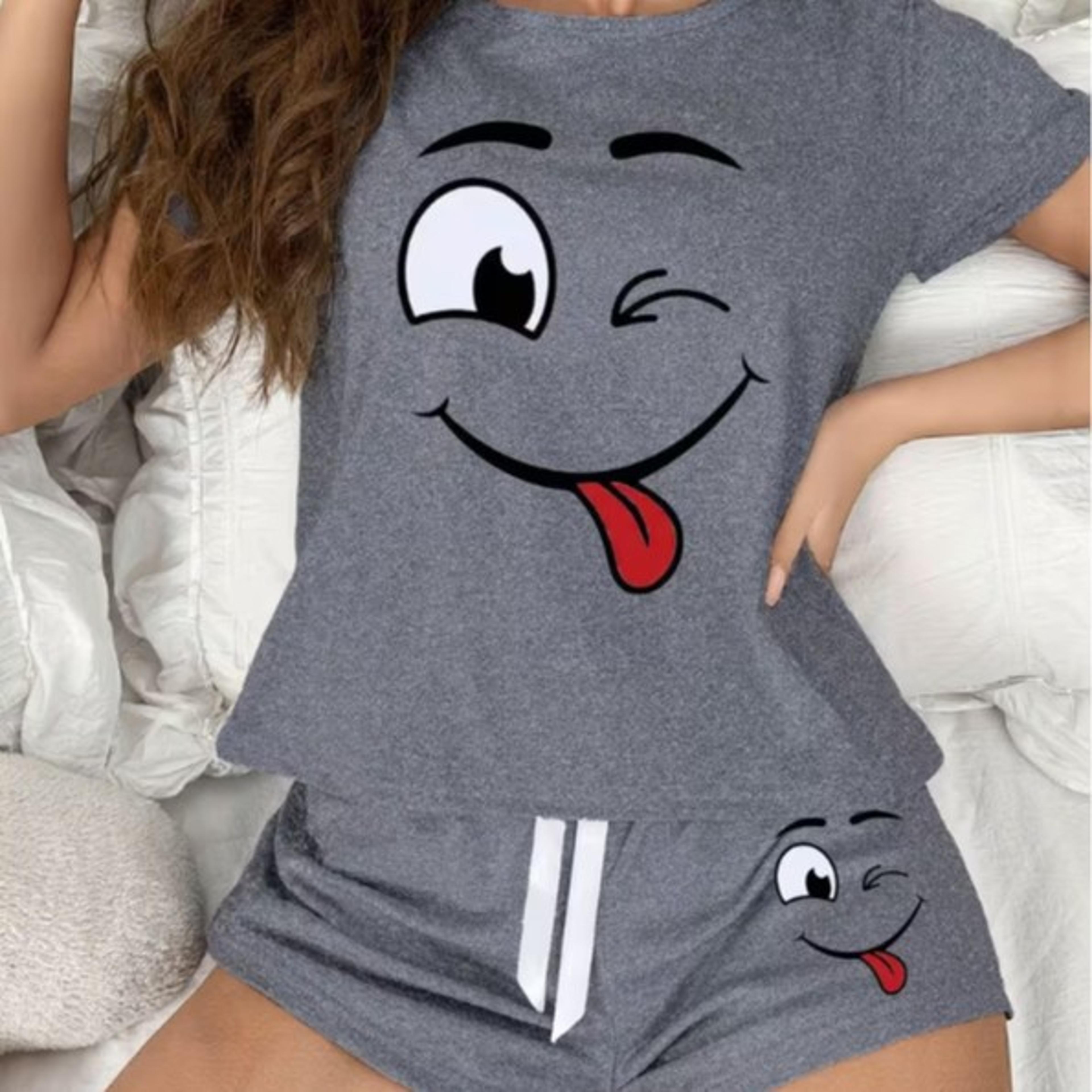 women's smile face print pajama set with short sleeve top and shorts