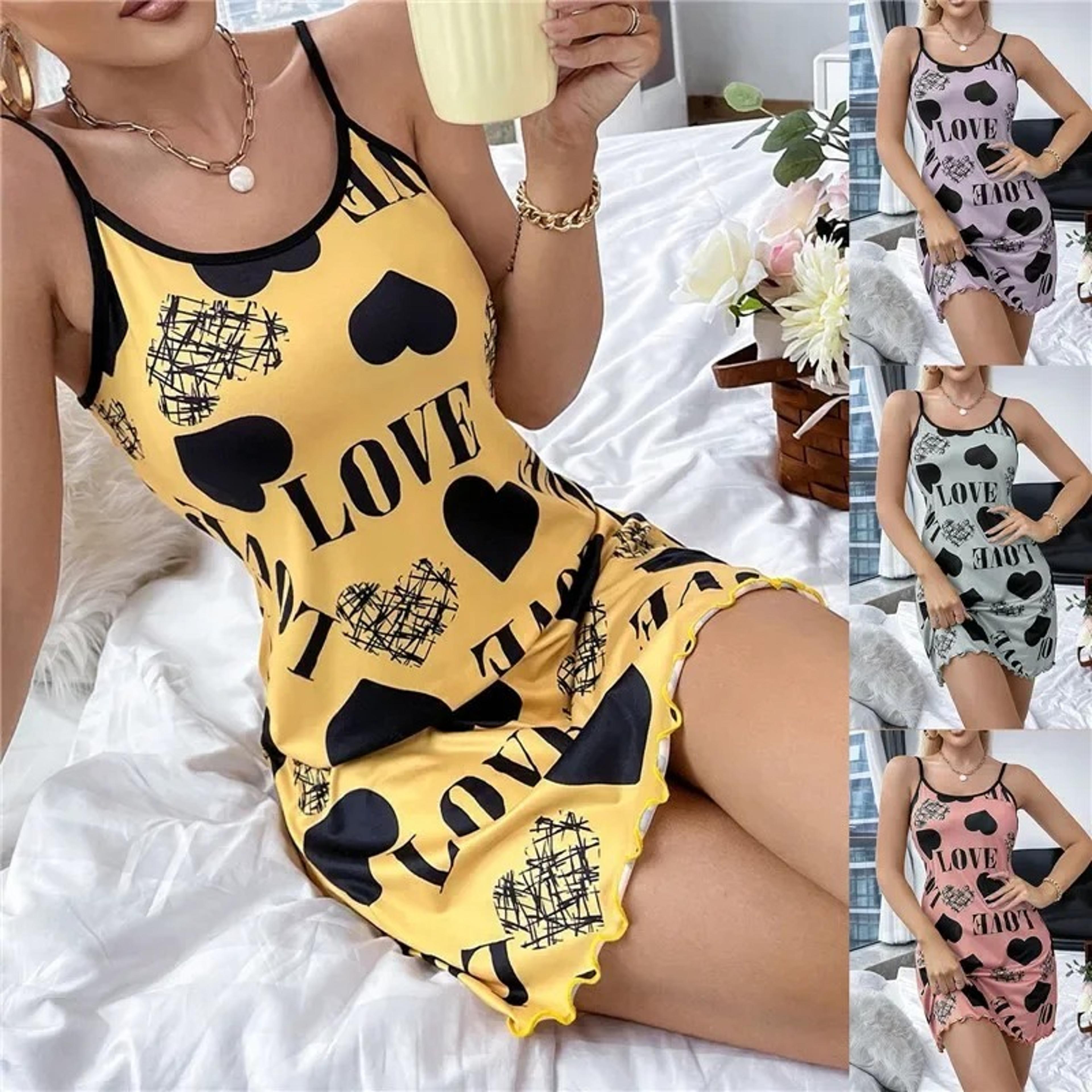 Womens Sleeveless VNeck Nightgown With Spaghetti Straps And Printed Design 1
