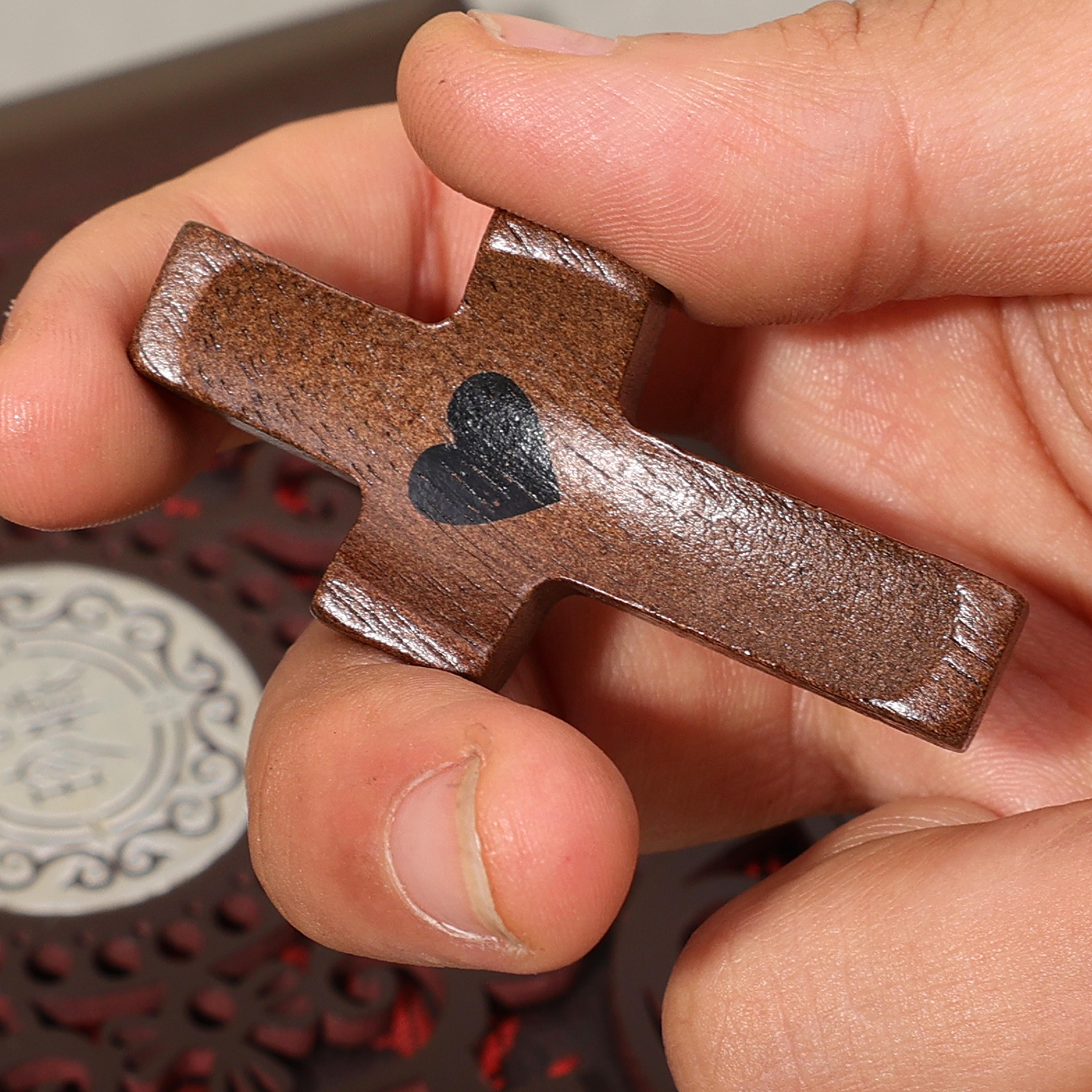 Wooden Pocket Prayer Cross With Heart Design  Handheld Christian Gift 2