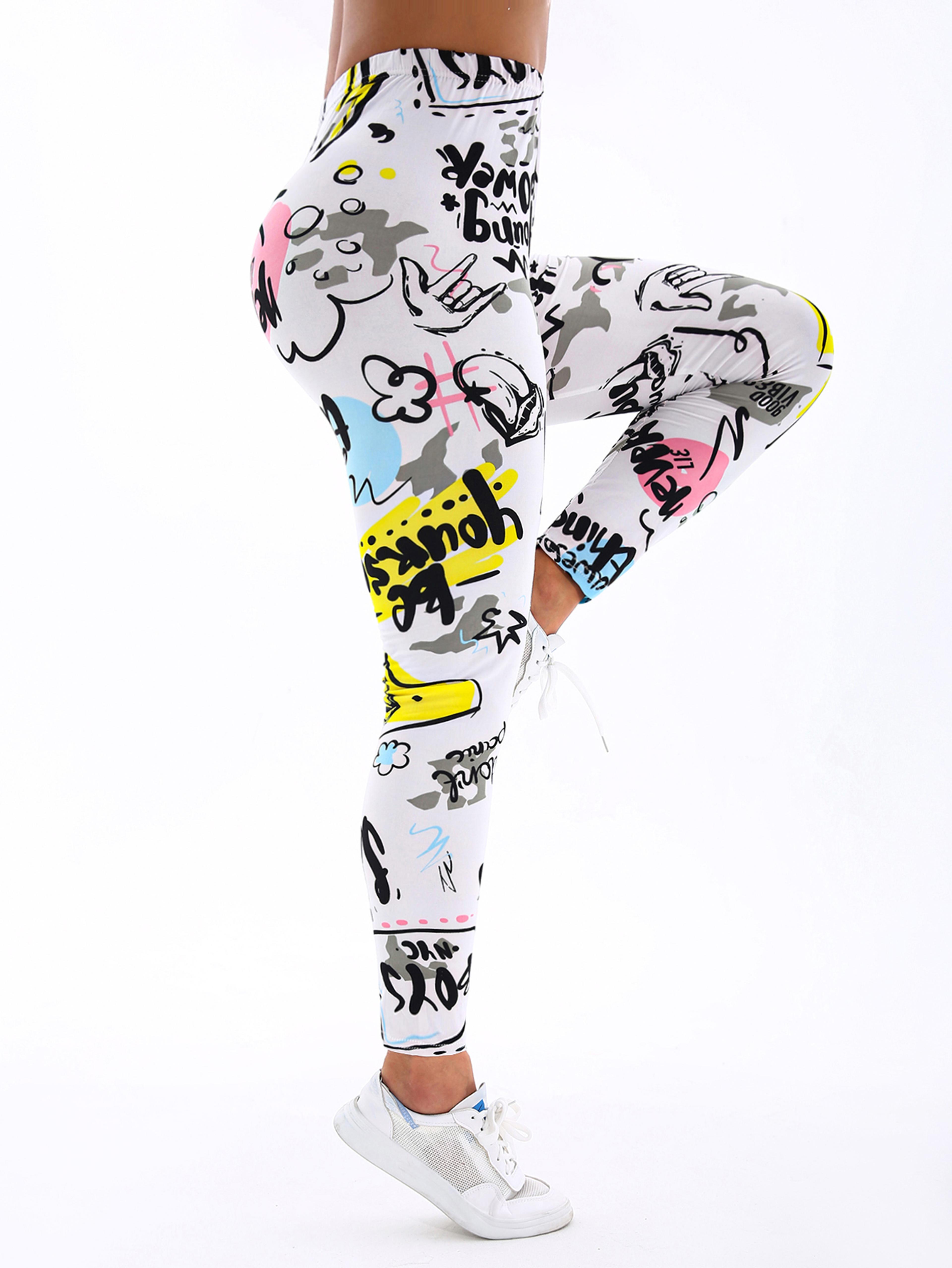 Womens White And Yellow Letter Print Stretch Leggings For Yoga And Casual Wear 4