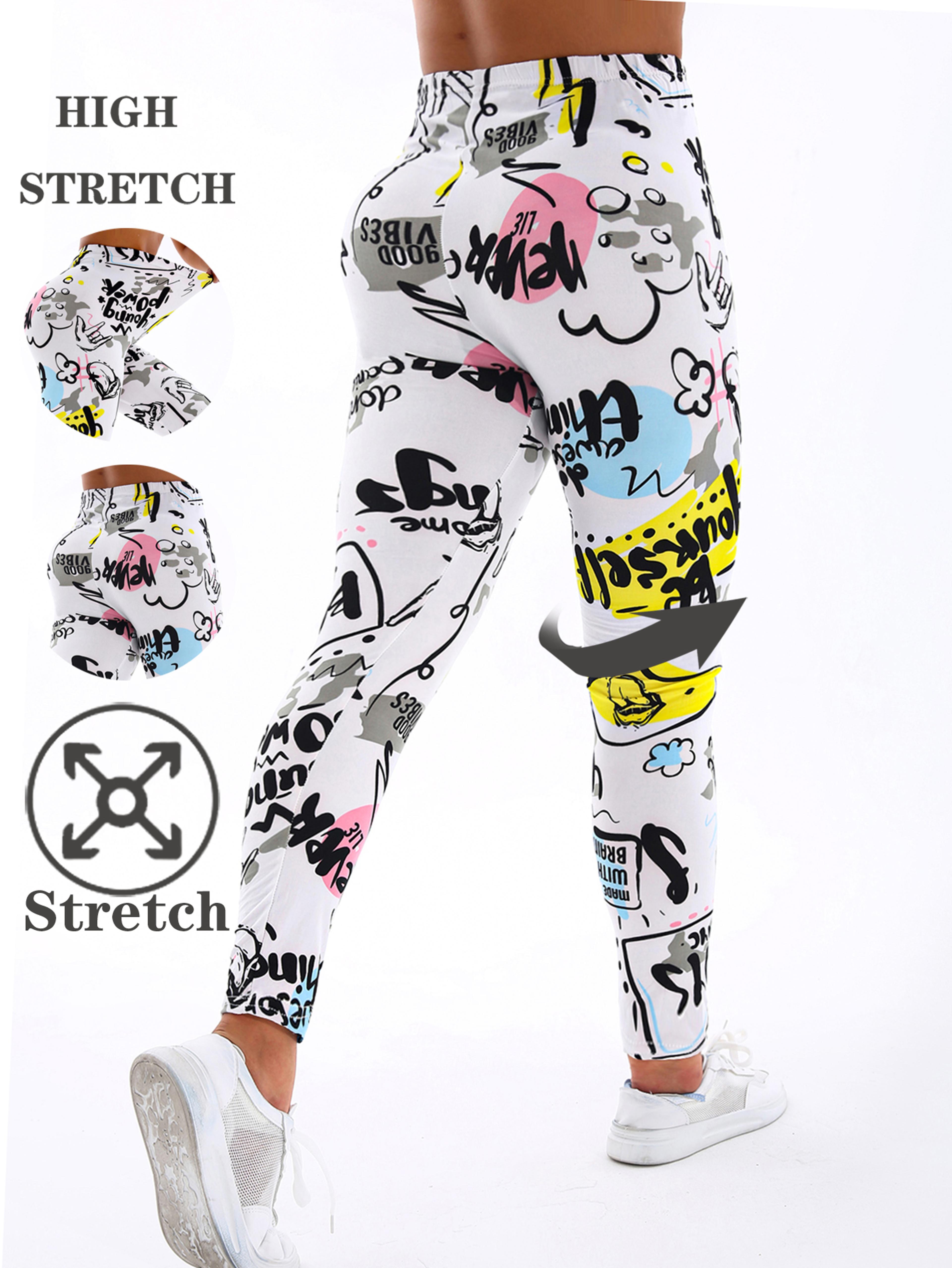 Womens White And Yellow Letter Print Stretch Leggings For Yoga And Casual Wear 6