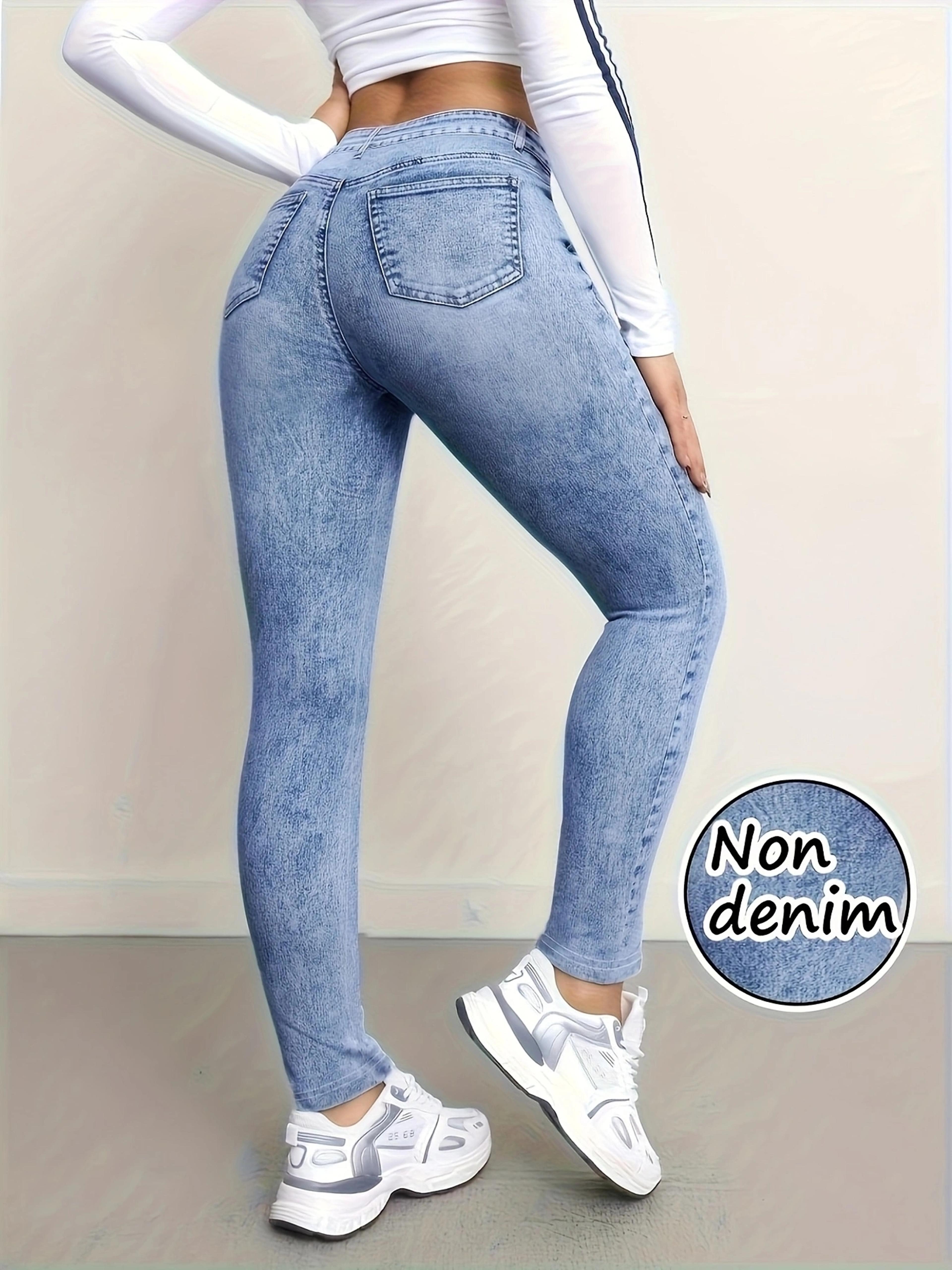 women's high waist faux denim printed stretch leggings – skinny fit jeggings