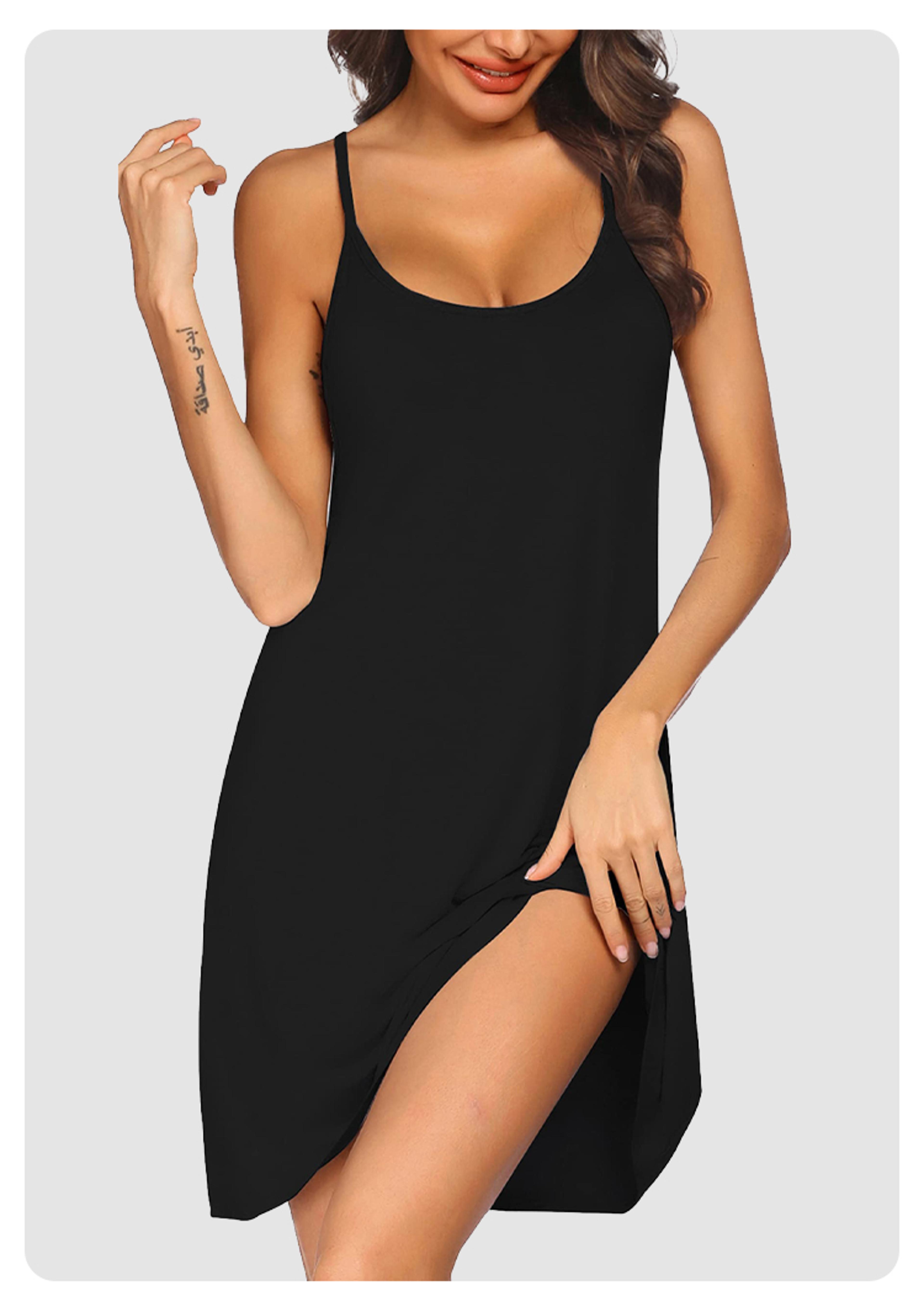 women's sleeveless knee-length slip dress with spaghetti straps and loose fit
