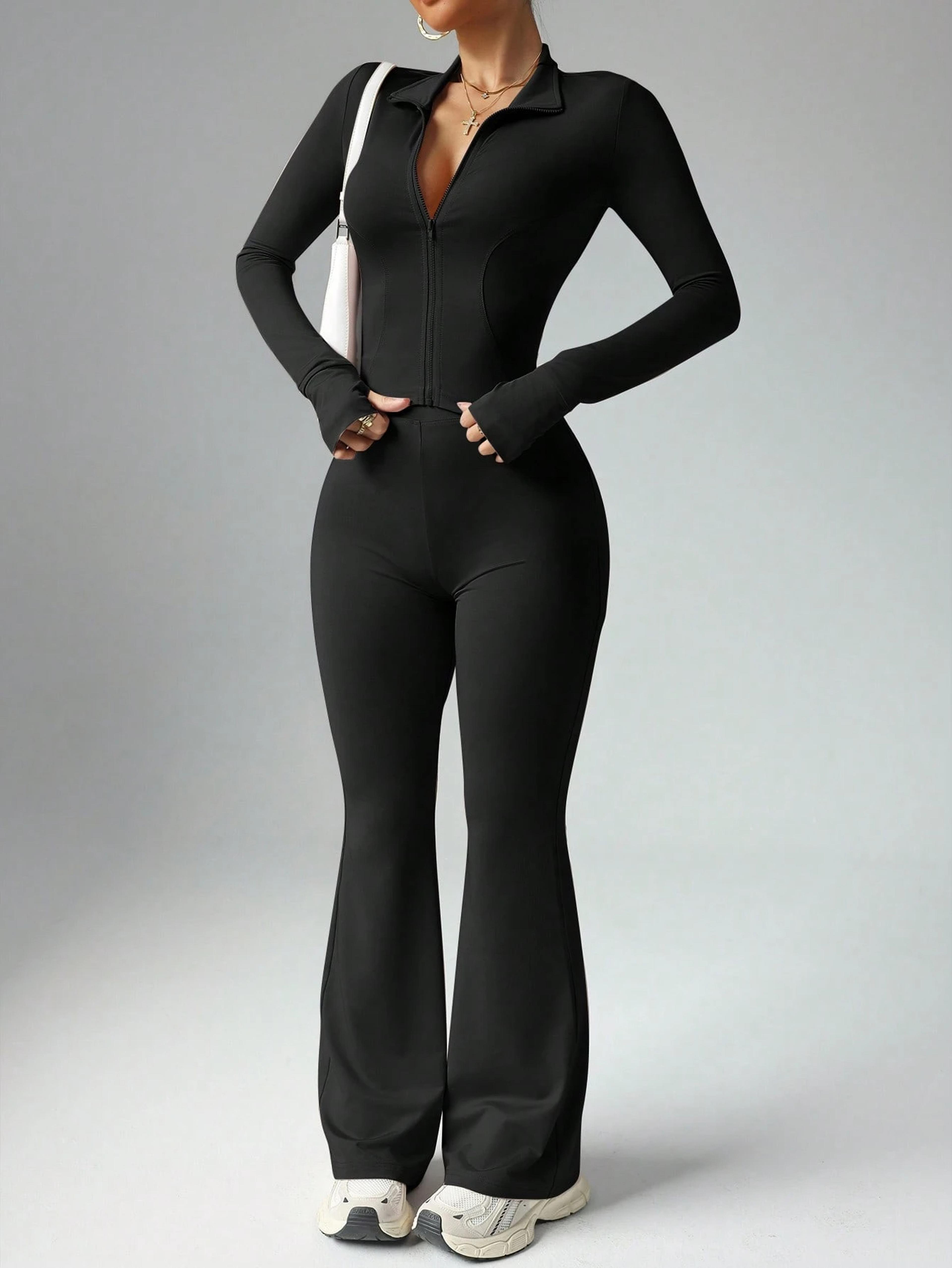 women's 2-piece yoga workout set with zip-up long sleeve top and high-waisted flared leggings