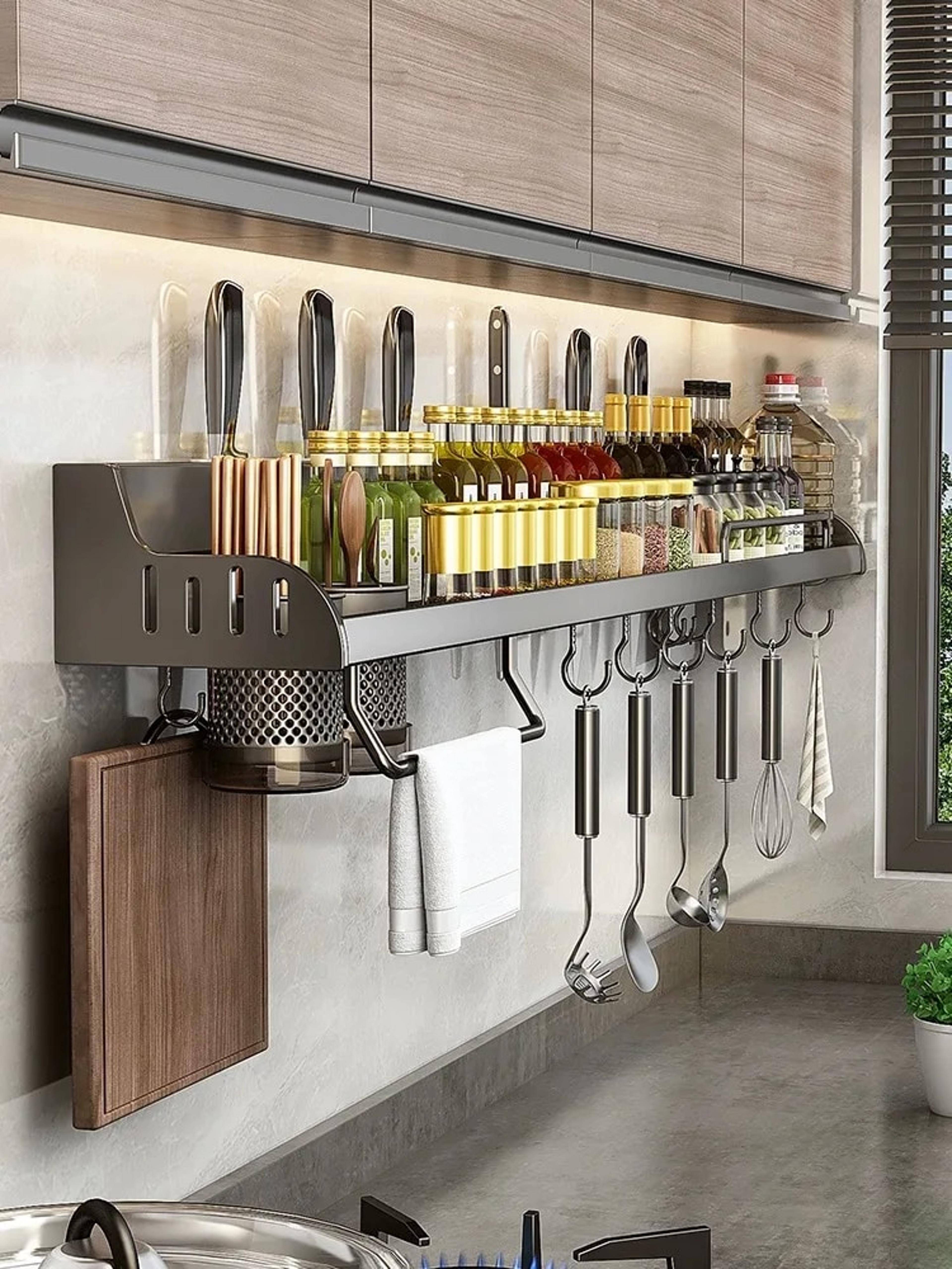kitchen spice storage & knife holder stand - spice rack organizer with spoon rest & hanging organizers