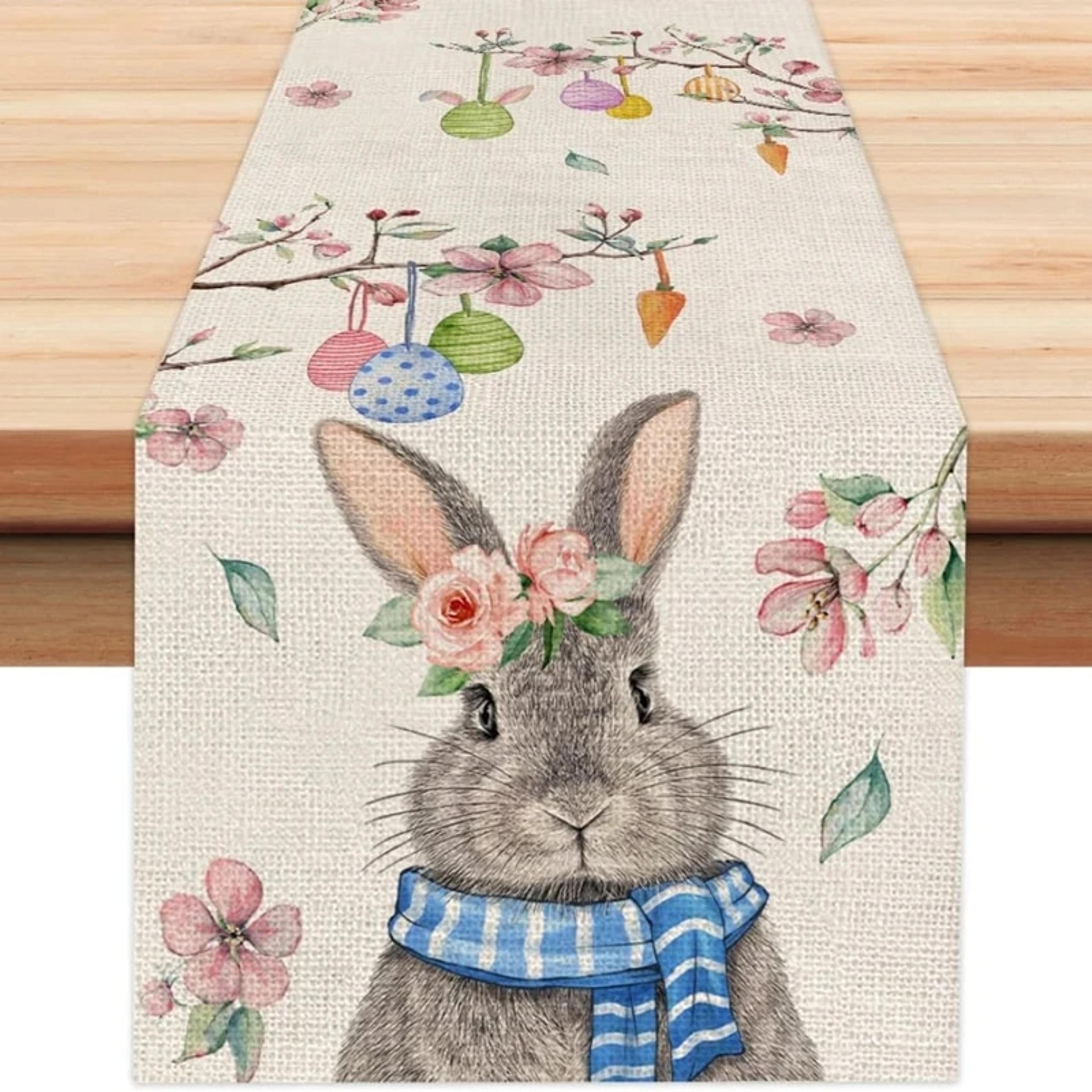 easter linen table runners: spring rabbit, colorful eggs, tulip - farmhouse dining & party decor