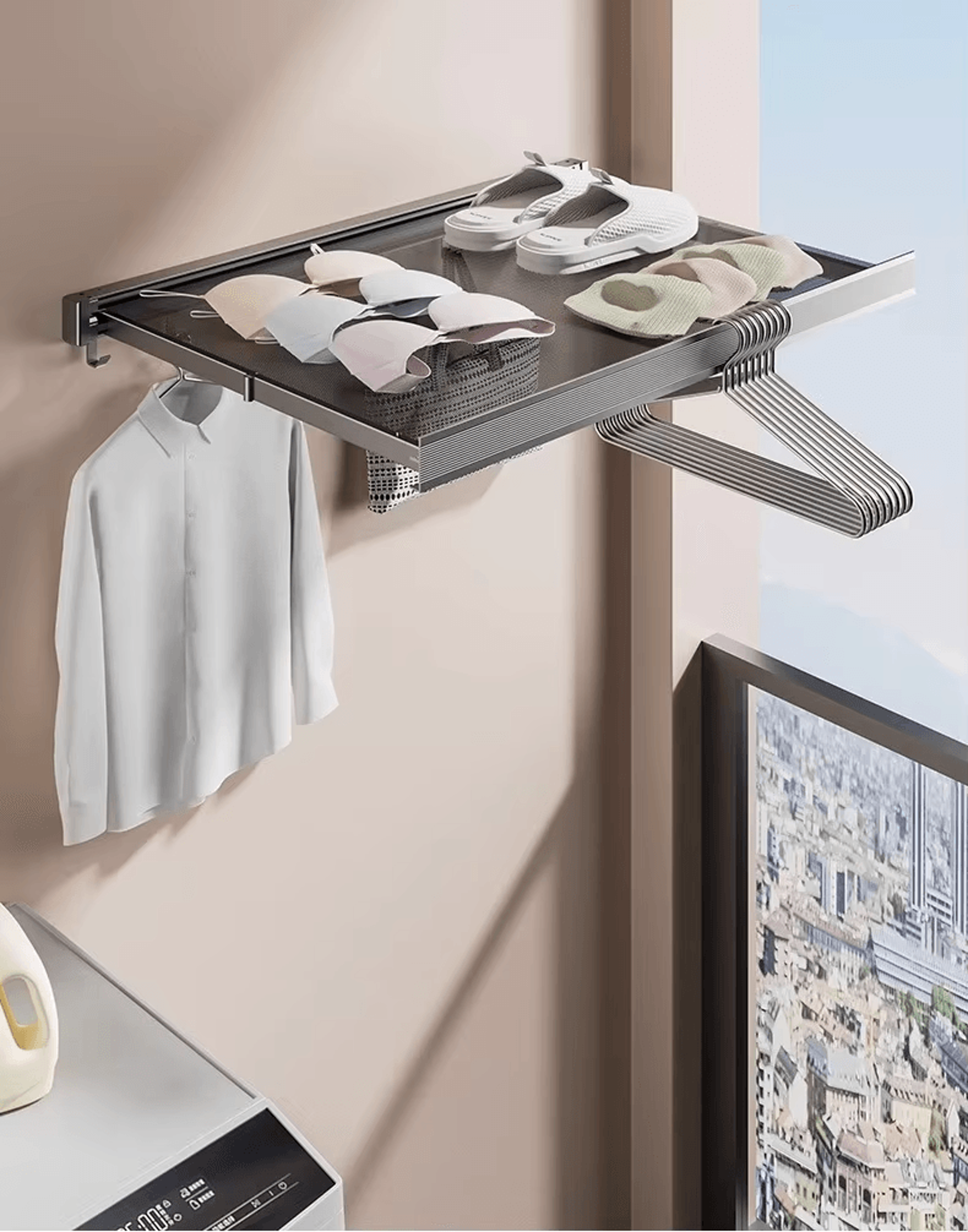 foldable clothes and hat rack with hooks, space-saving solution for bathroom and balcony