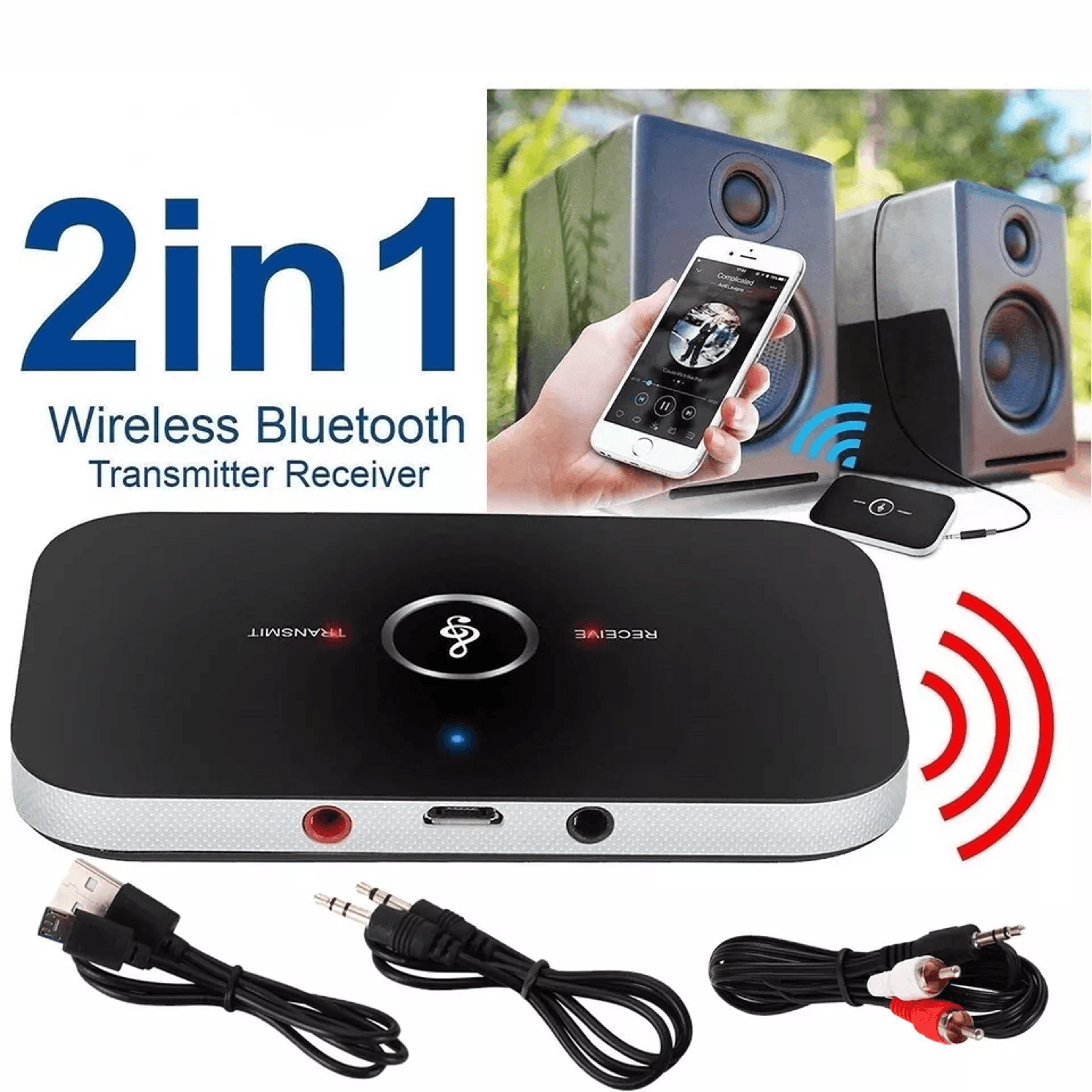bluetooth transmitter & receiver wireless adapter for home stereos, speakers, tv, pc, headphones, aux audio output