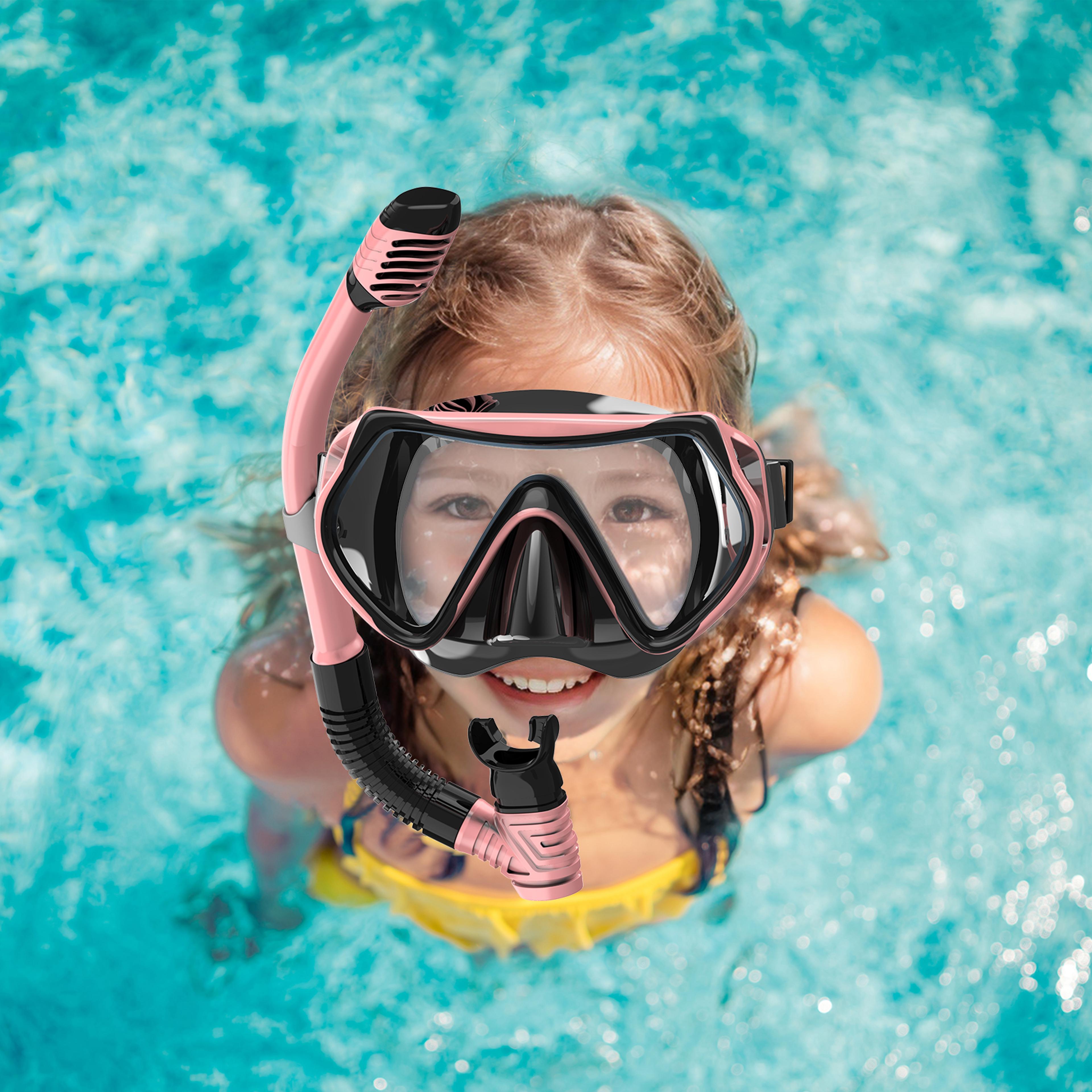 kids snorkeling mask set anti fog swim goggles with nose cover and dry top snorkel
