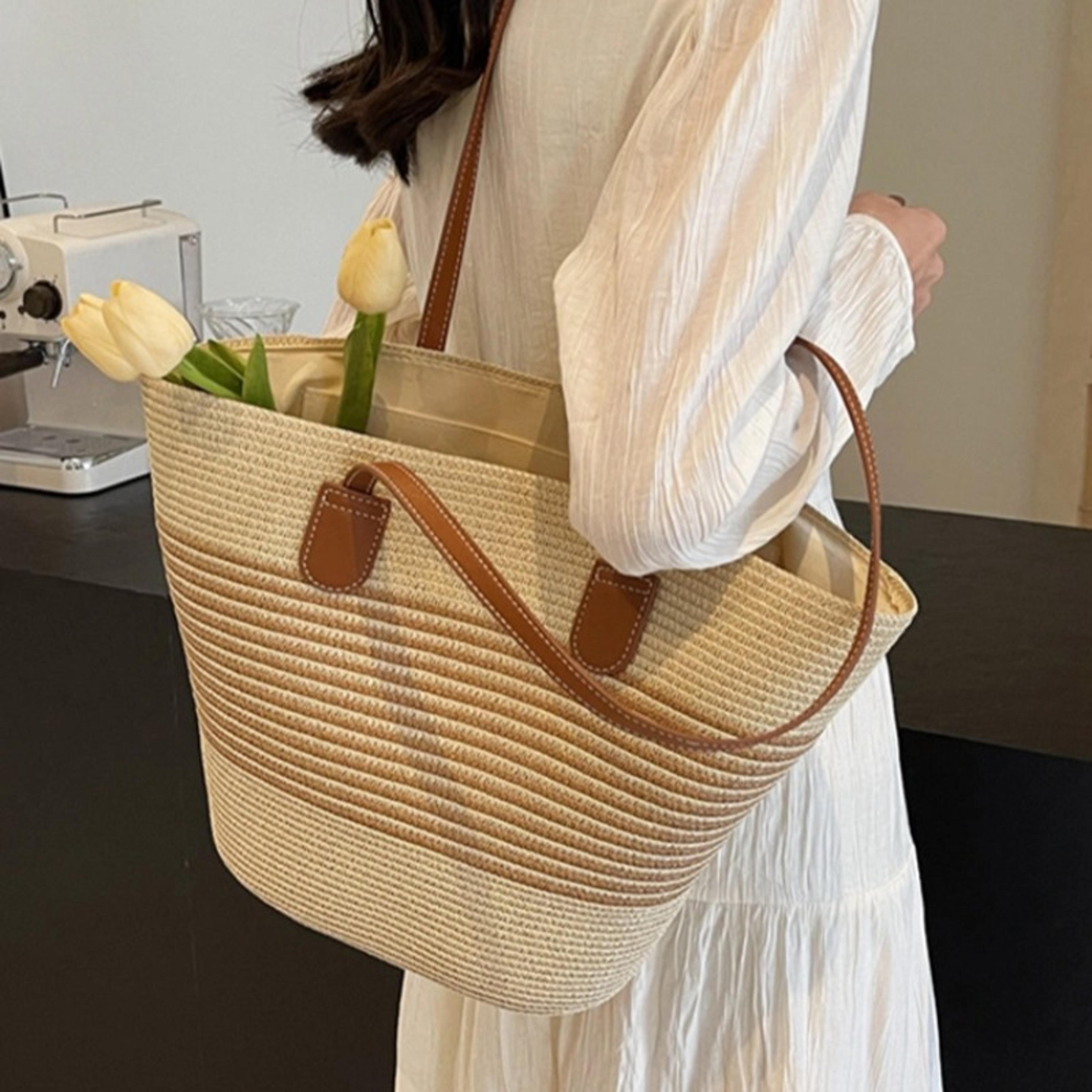 large capacity straw beach bag women summer travel shoulder tote