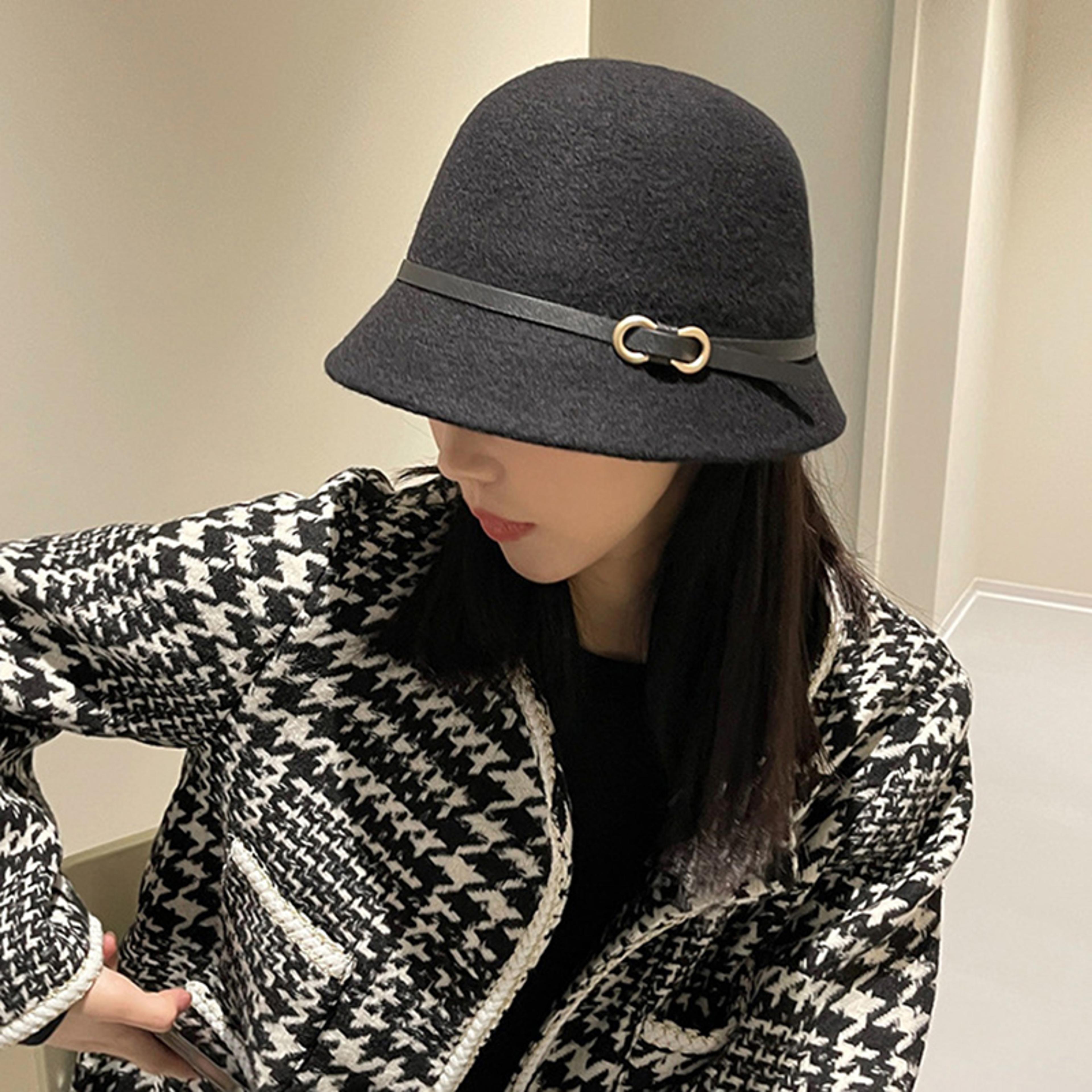 wool bucket hat winter cashmere blend warm unisex fashion cap with belt detail
