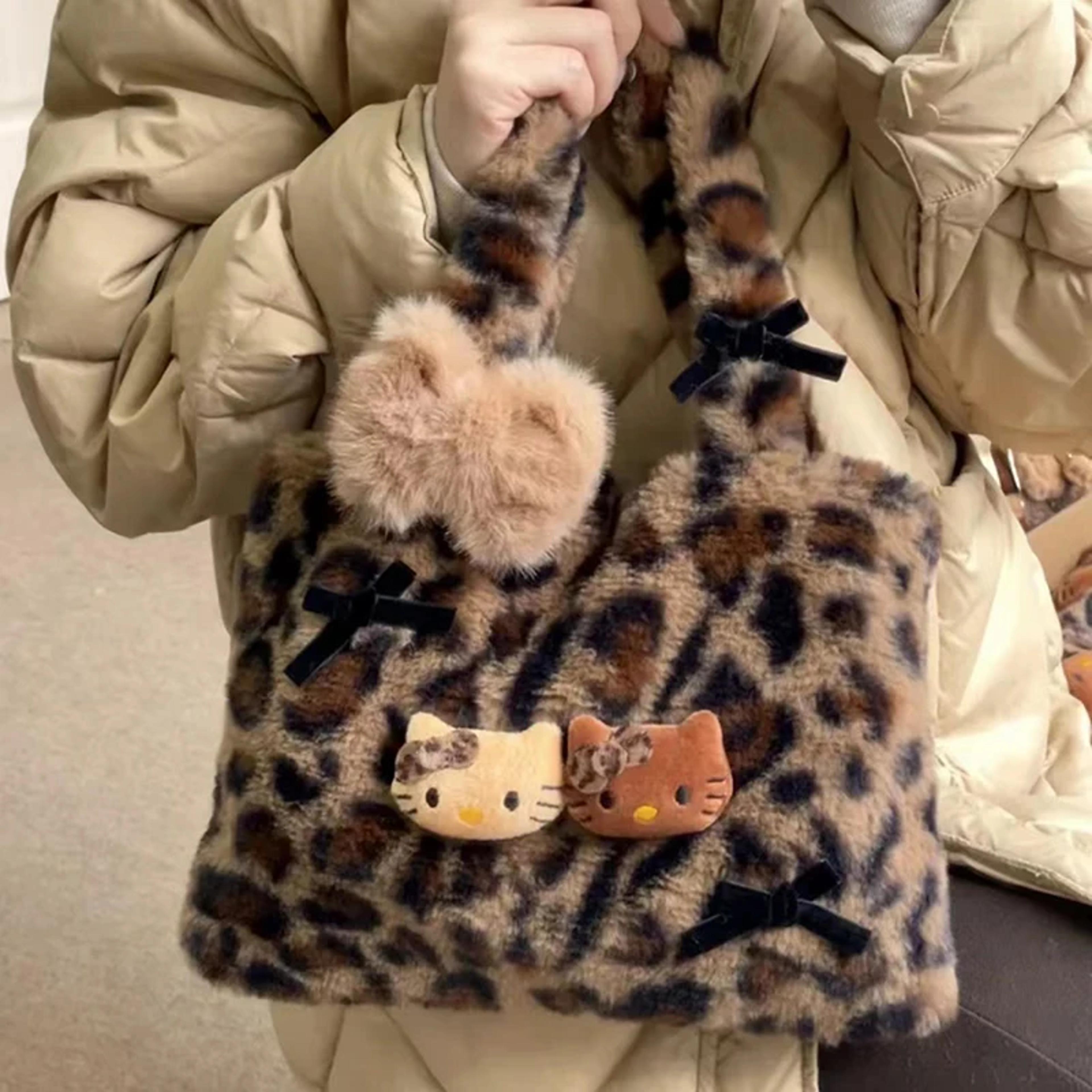 hello kitty leopard print plush shoulder bag cute girls handbag lightweight fashion purse