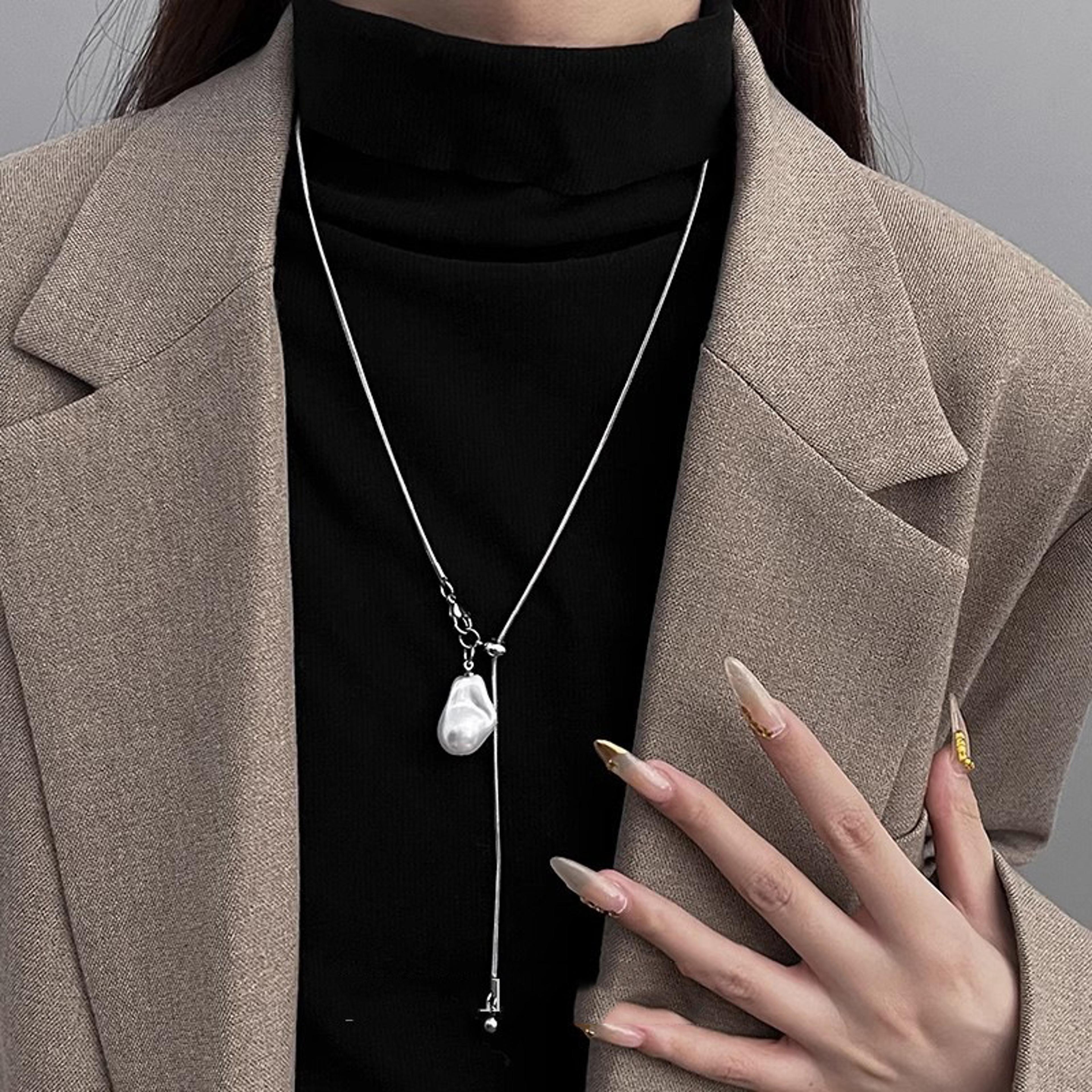 baroque pearl stainless steel long necklace adjustable chain jewelry for women