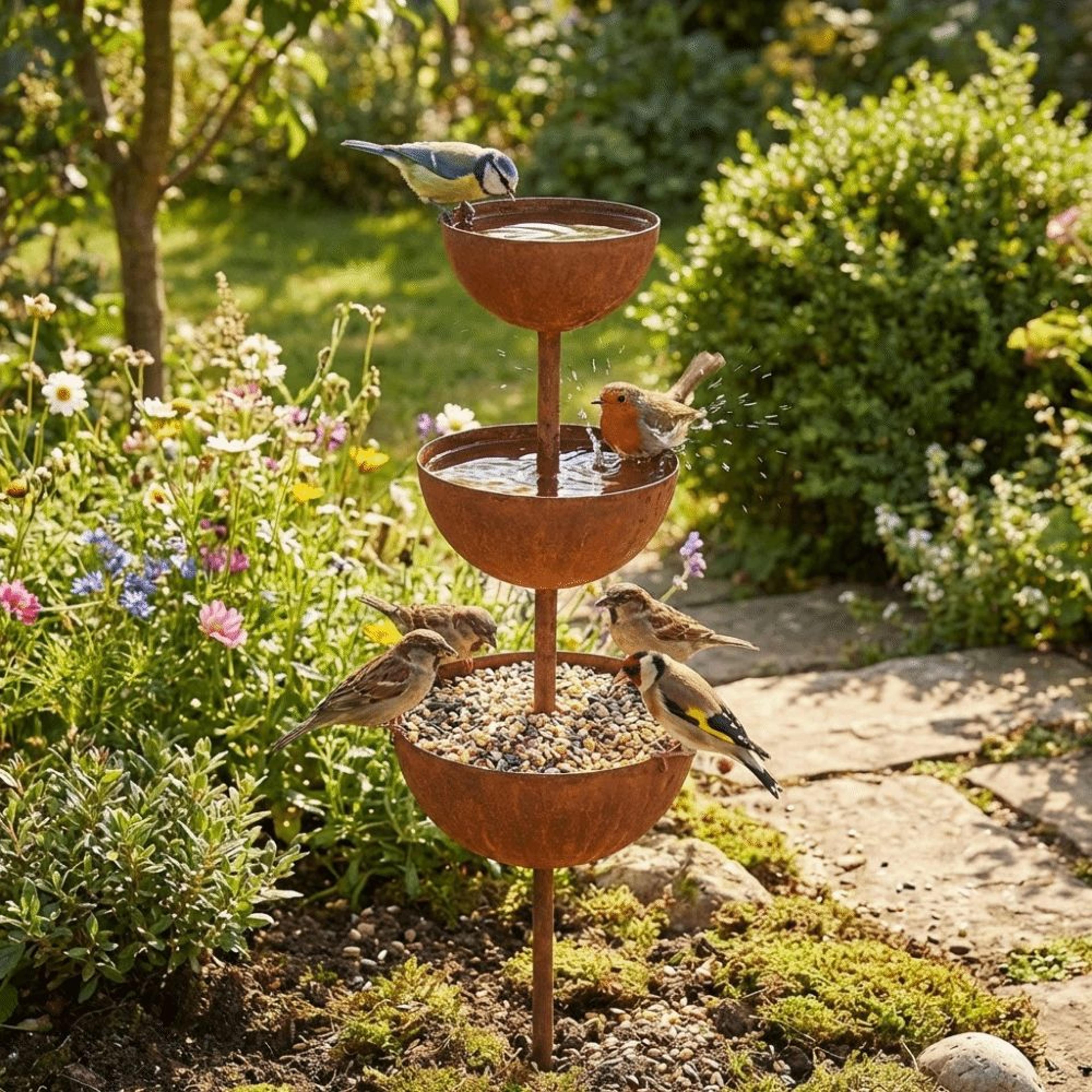 Vintage Iron Bird Bath Garden Stake Rain Catcher Decor 1
