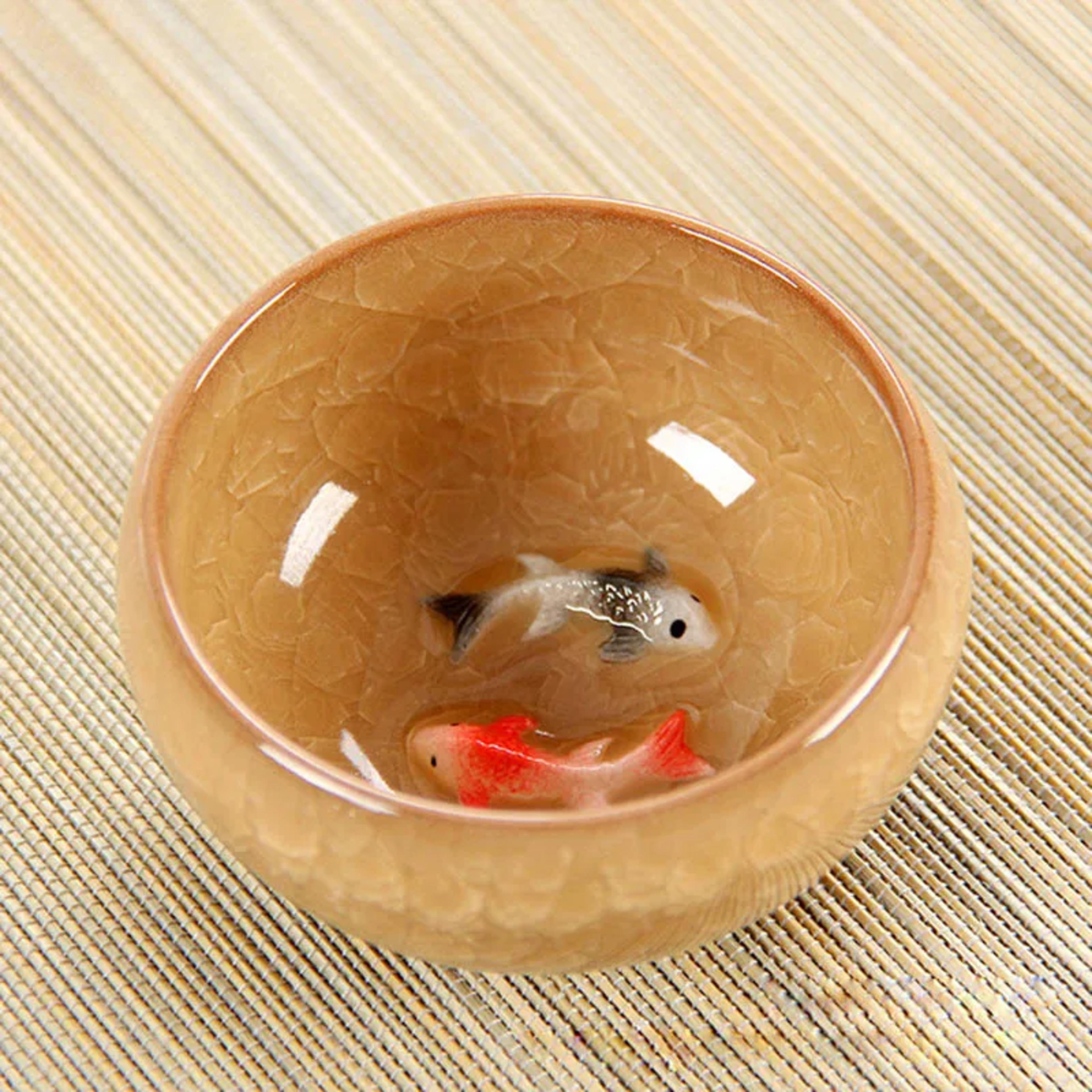 Crackle Glaze Chinese Porcelain Teacup Set Double Fish Kung Fu Travel Tea Cups 6