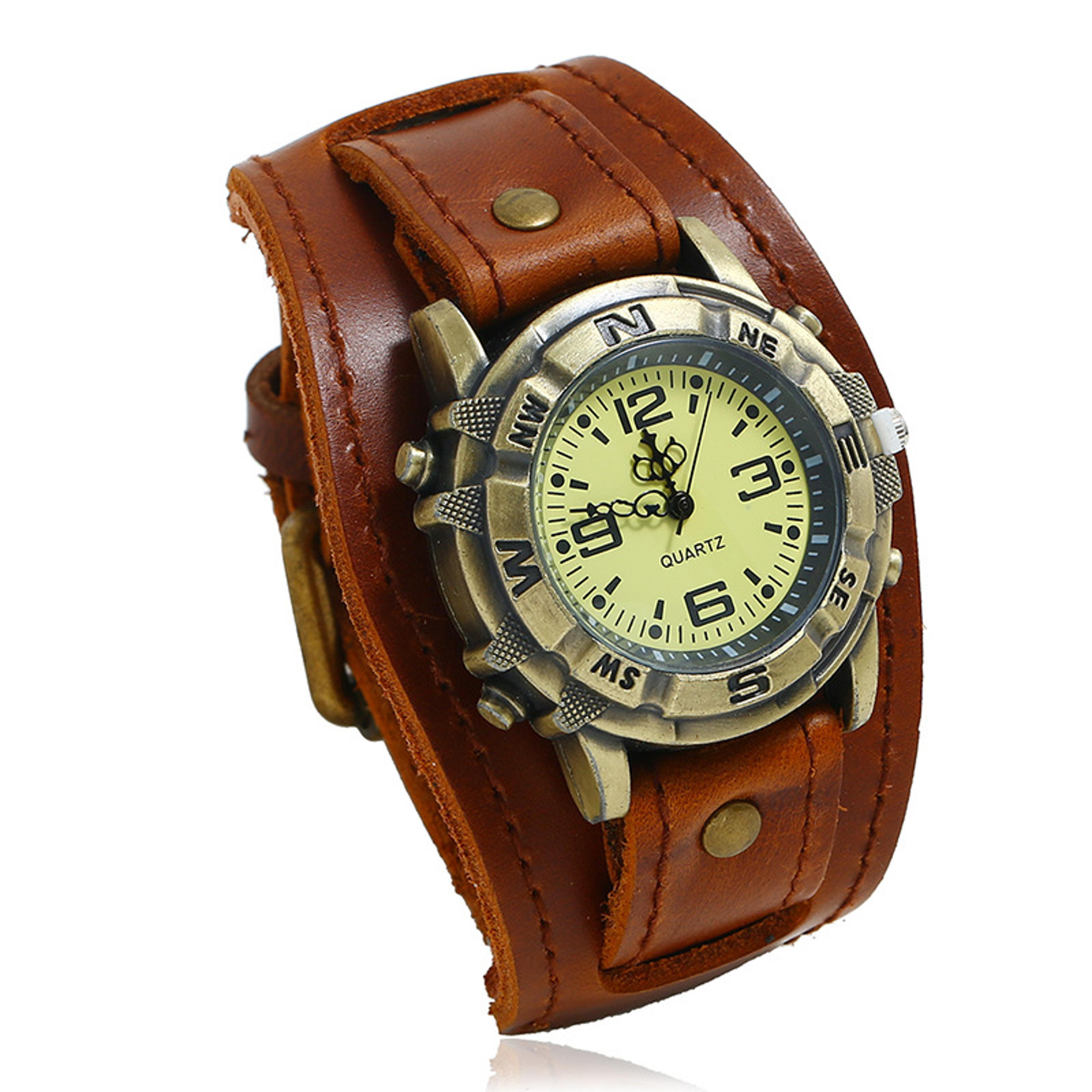 Men Leather Cuff Watch Retro Punk Style Quartz Bracelet Watch 7