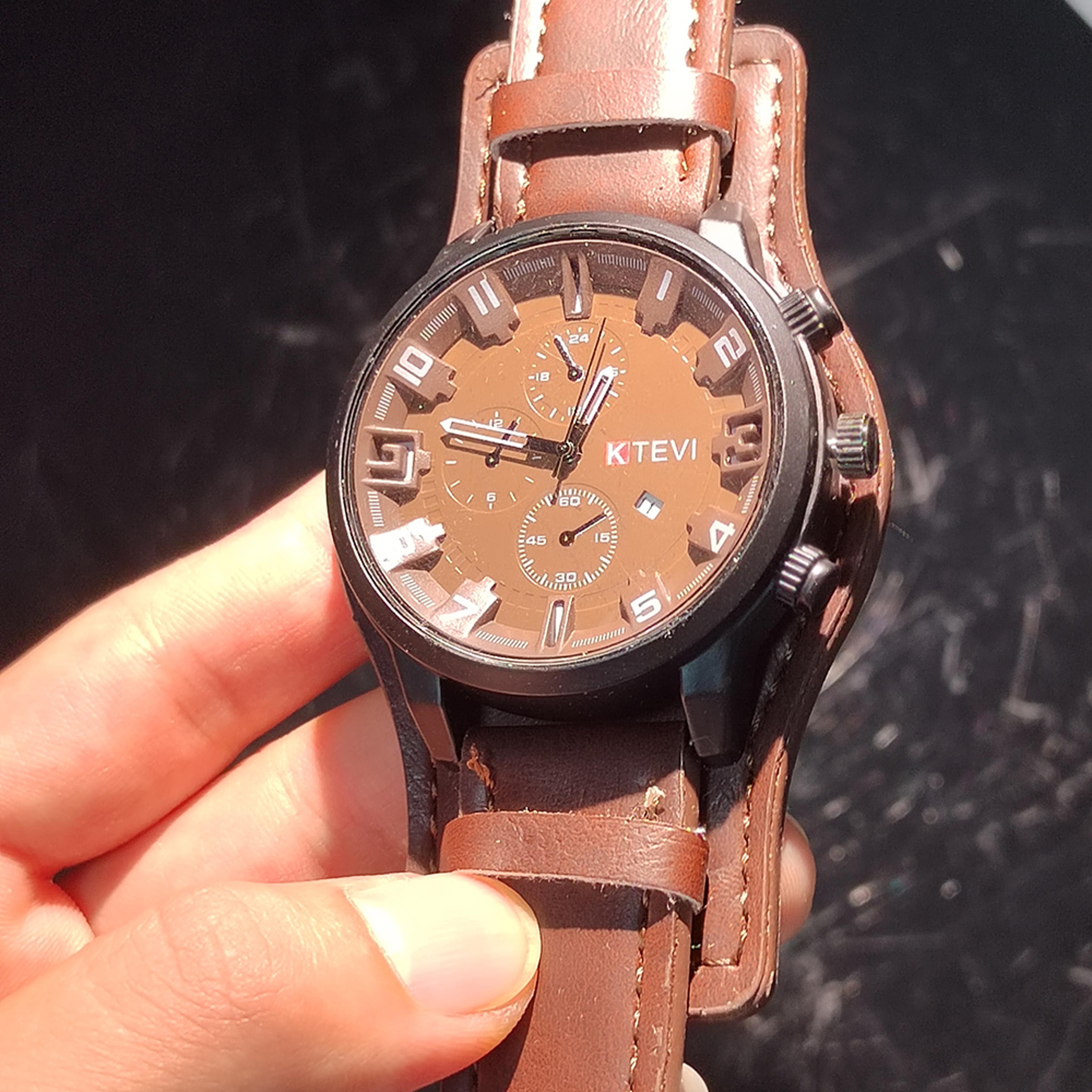 Retro Military Leather Watch For Men Big Dial Quartz Business Wristwatch With Calendar 1