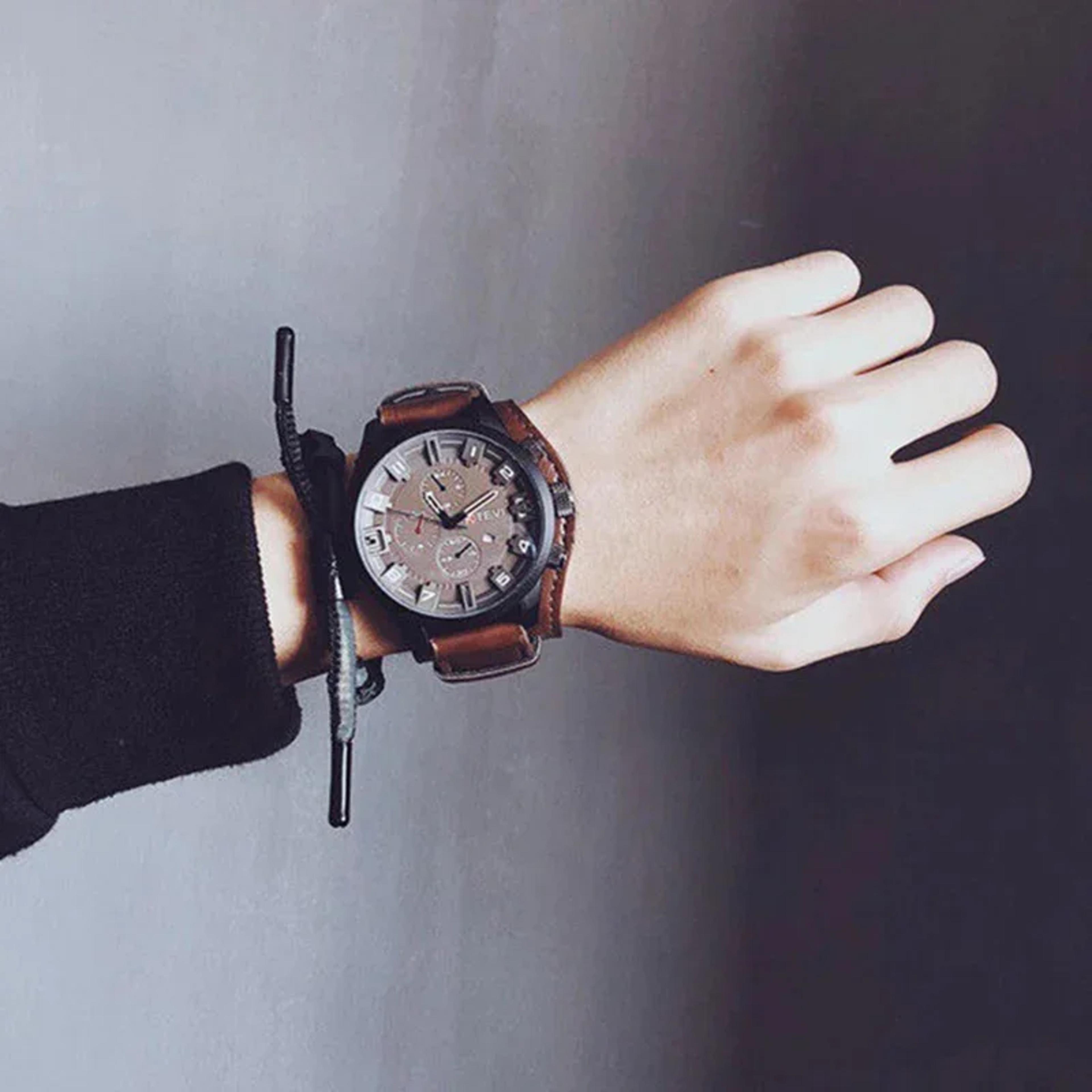 Retro Military Leather Watch For Men Big Dial Quartz Business Wristwatch With Calendar 3