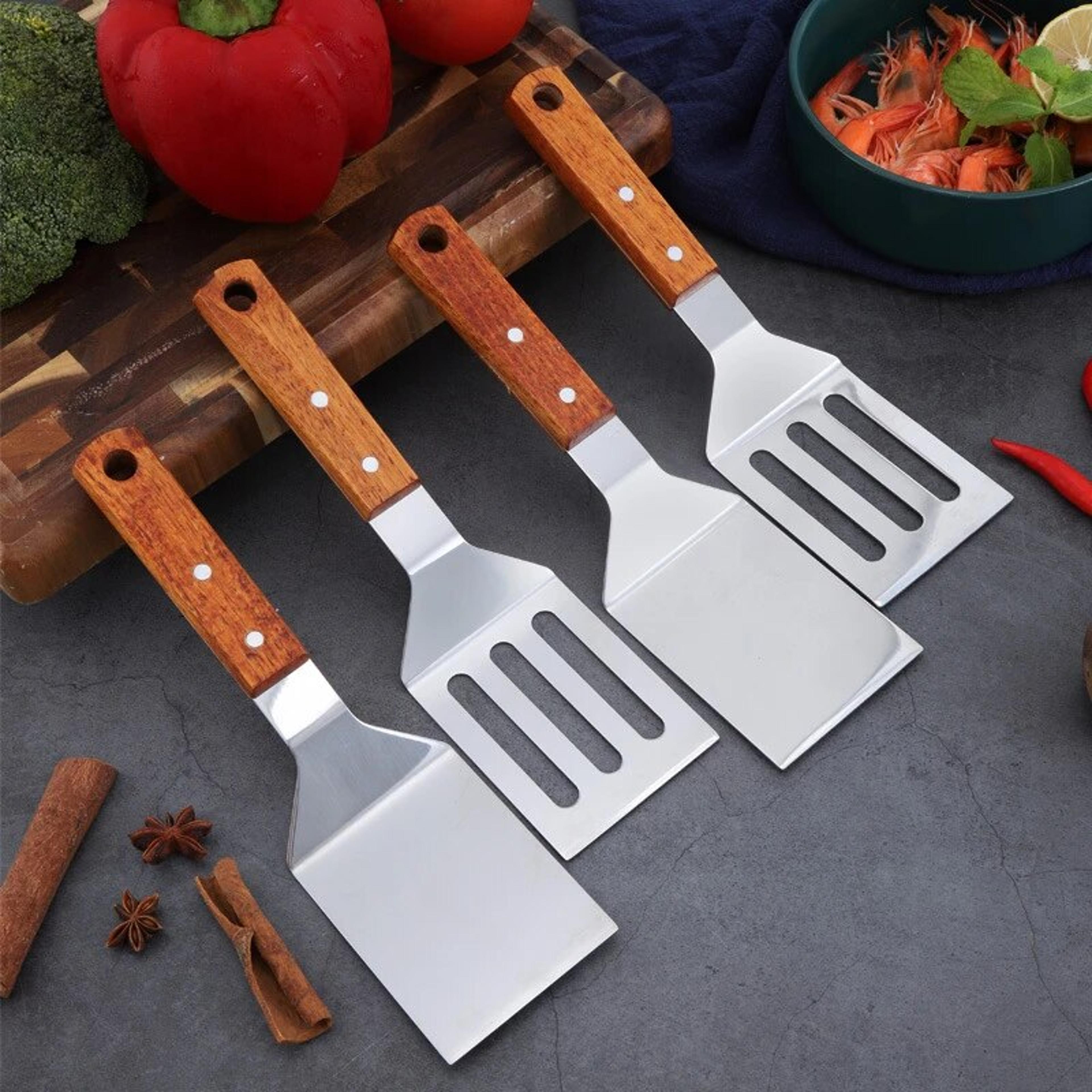 stainless steel wooden handle cooking spatula - kitchen barbecue tool for steake, pancak, frying, teppanyaki