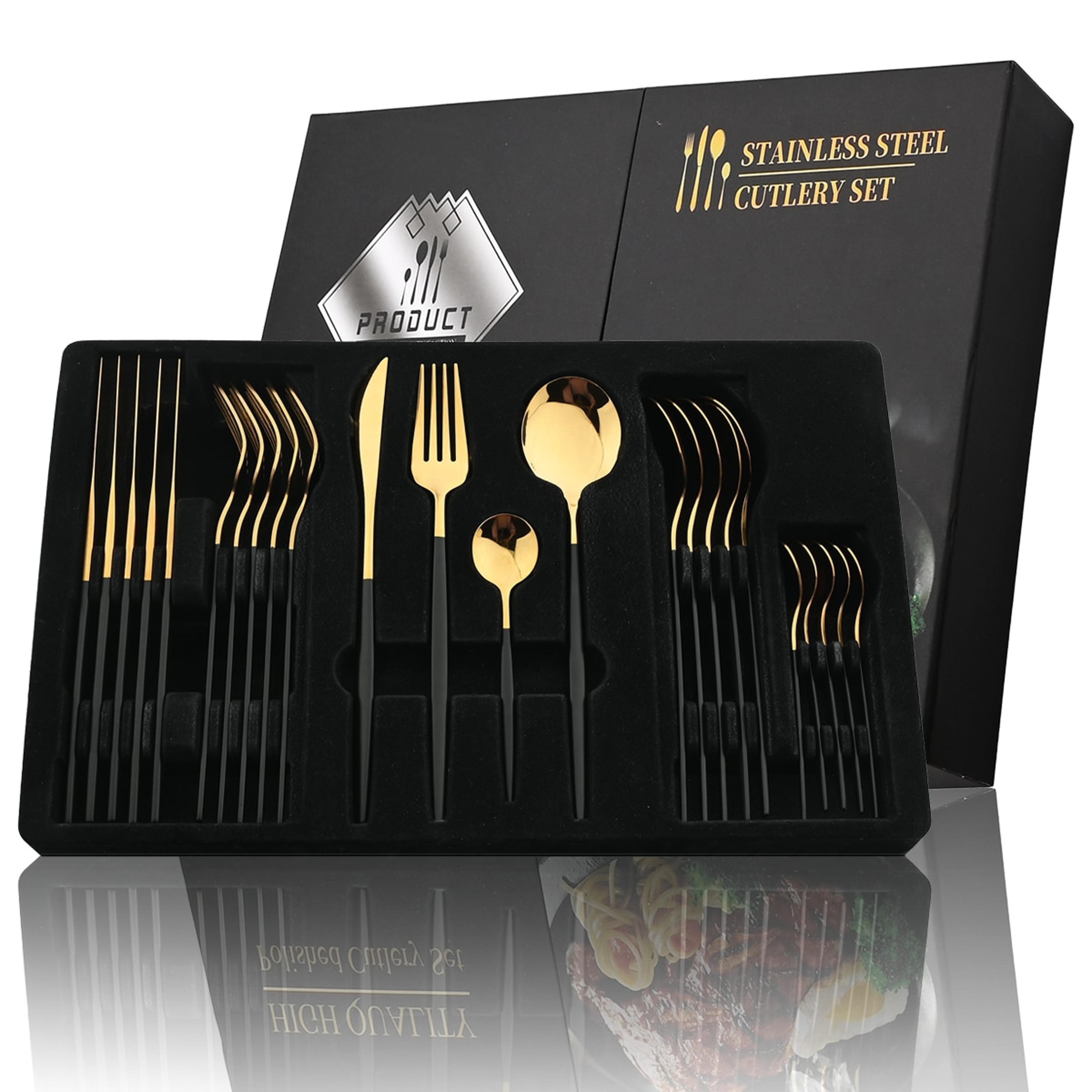 24-piece black handle golden cutlery set | stainless steel knife fork spoon | tableware flatware set for kitchen & dinin