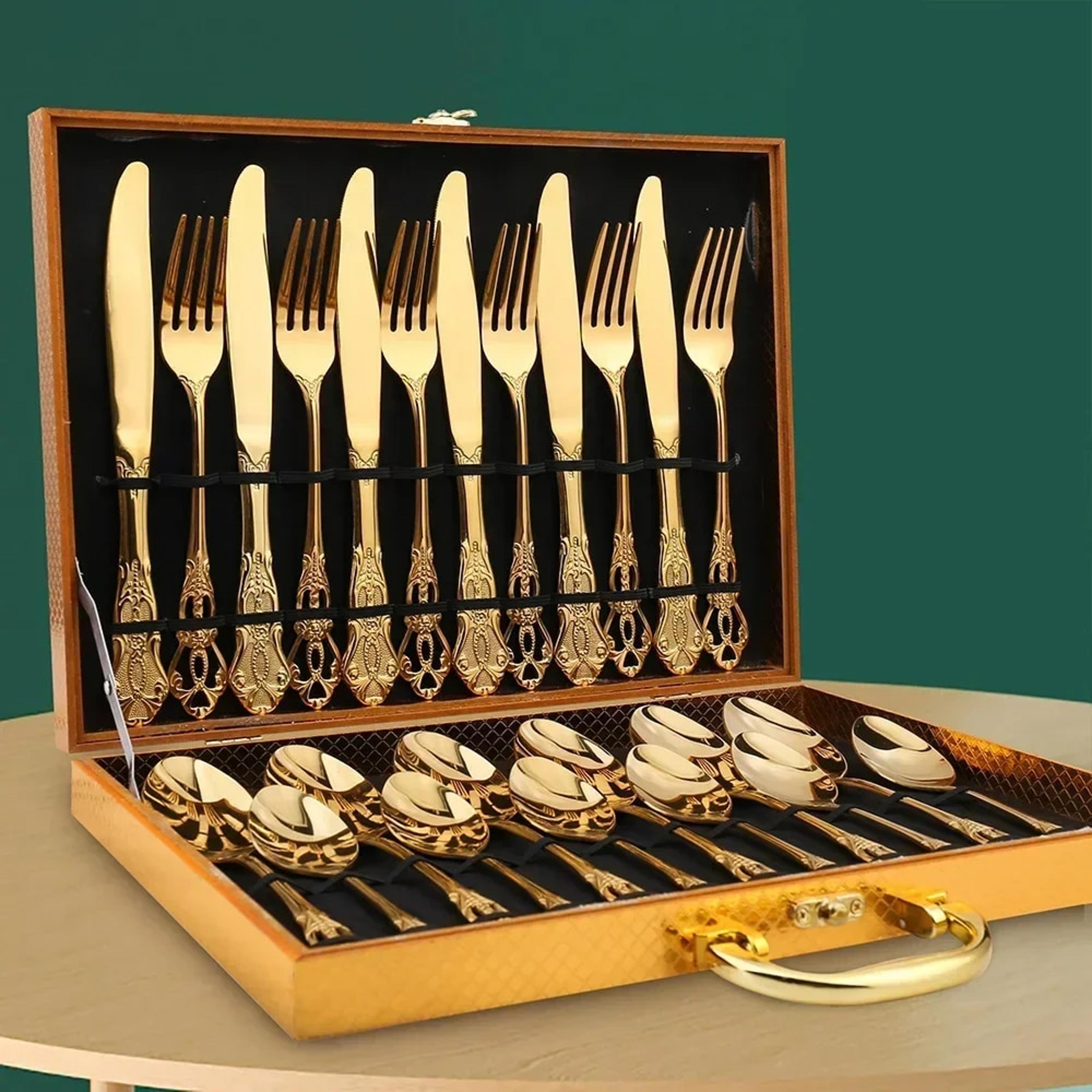 luxury golden stainless steel cutlery set - complete dinnerware in european gift box for retro christmas table setting