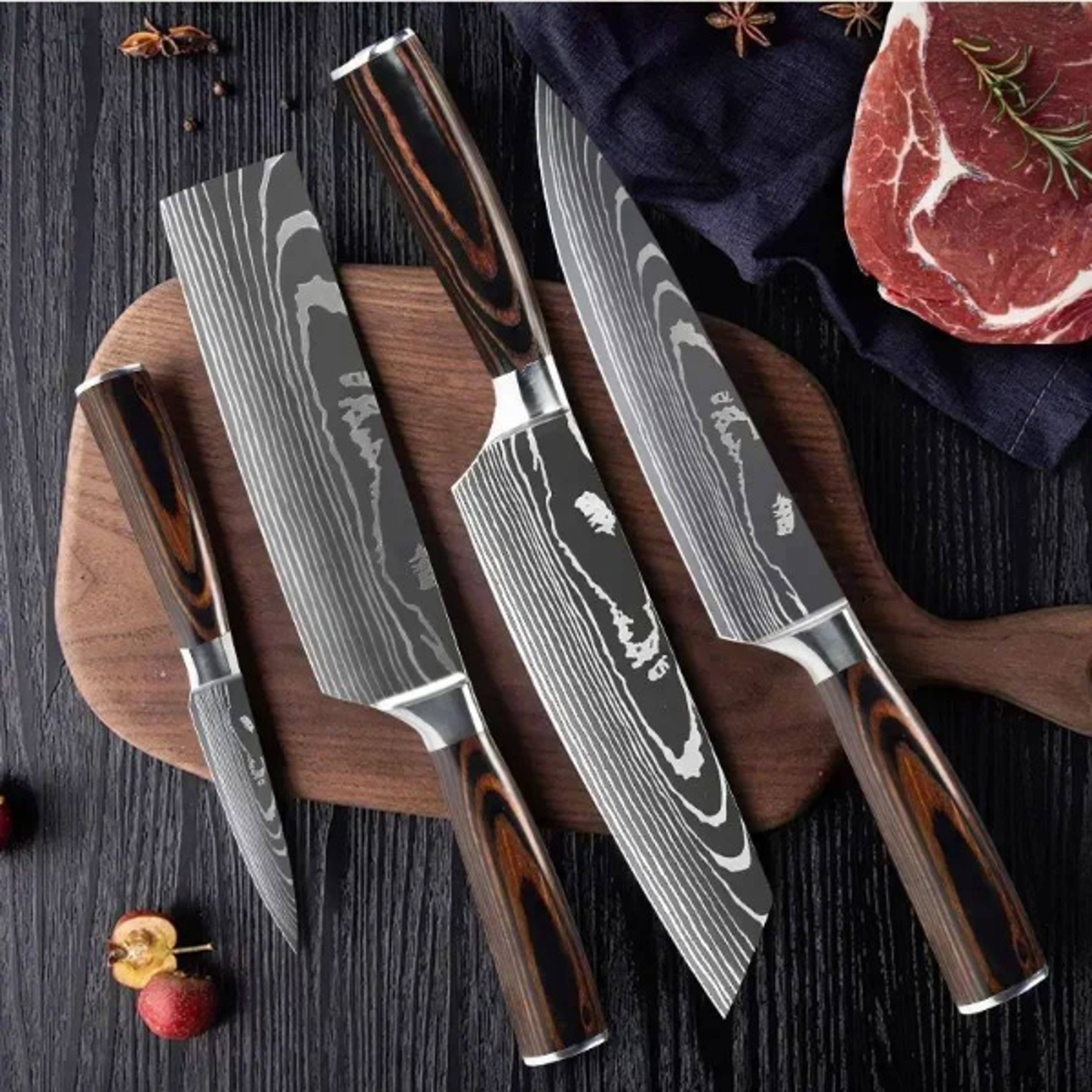 laser damascus kitchen knife set, ultra-sharp cleaver, meat, fruit & bread knife for bbq & boning