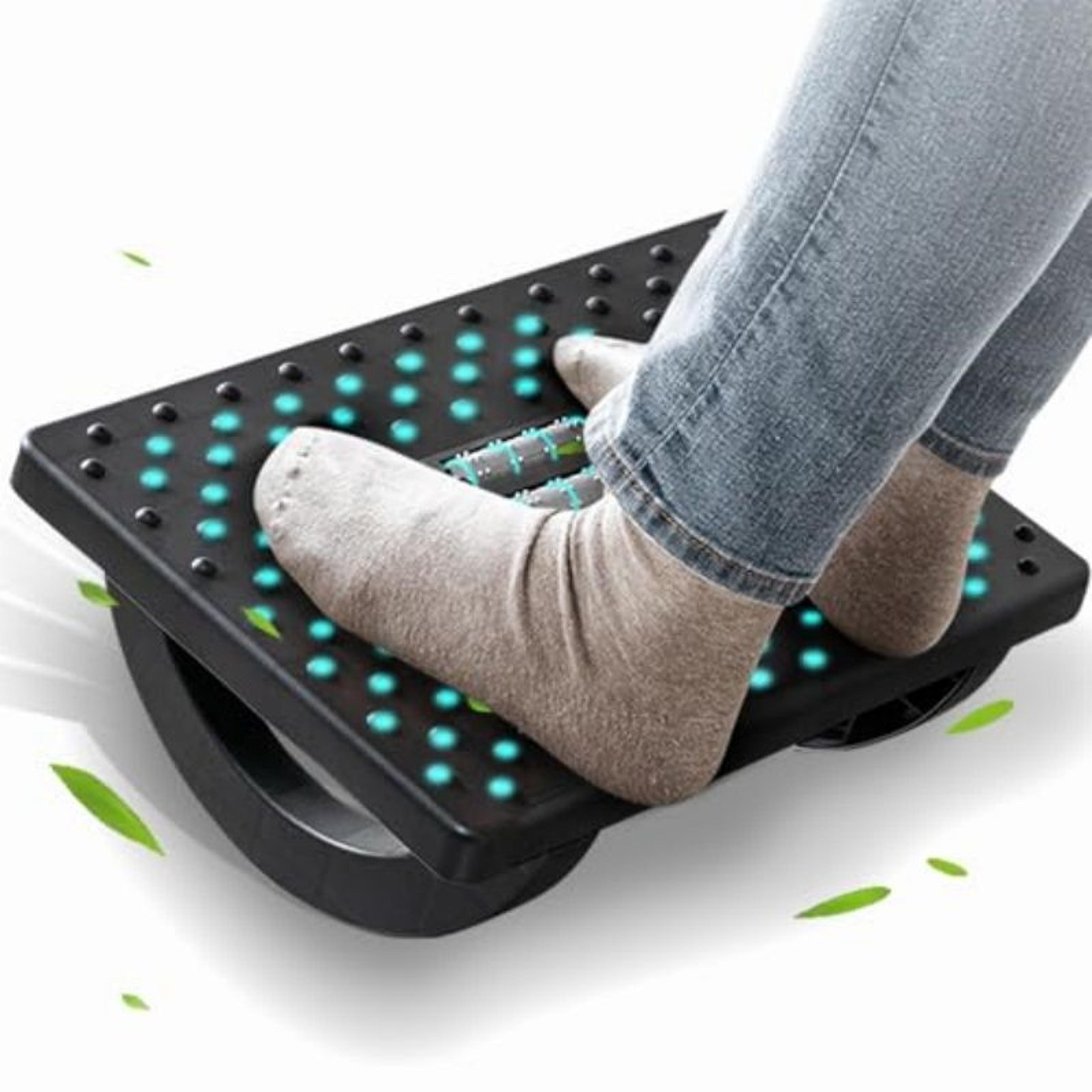 adjustable ergonomic footrest with massage rollers, portable under-desk foot stool for home office comfort
