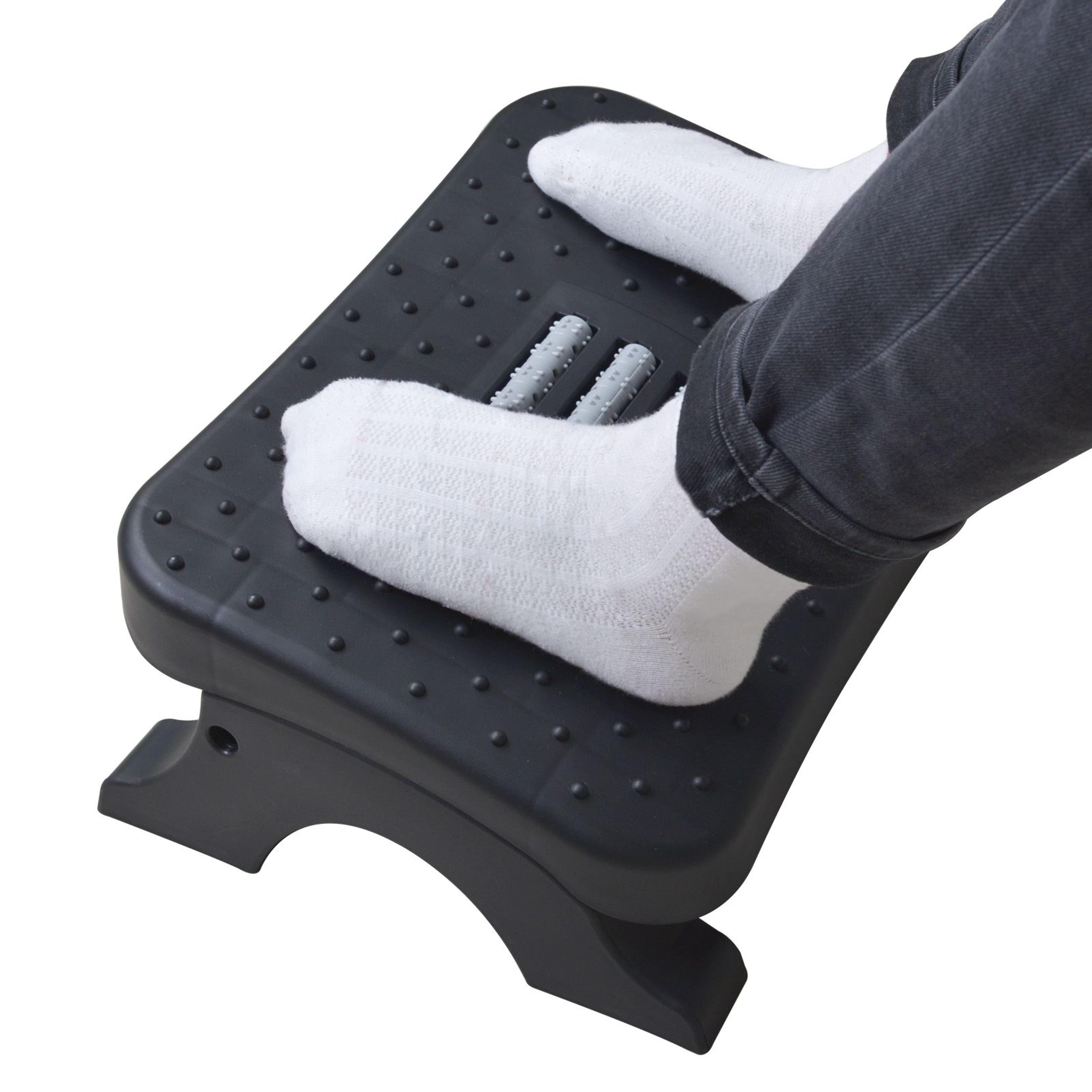 ergonomic under desk footrest with massage rollers, pain relief leg rest for home office posture correction