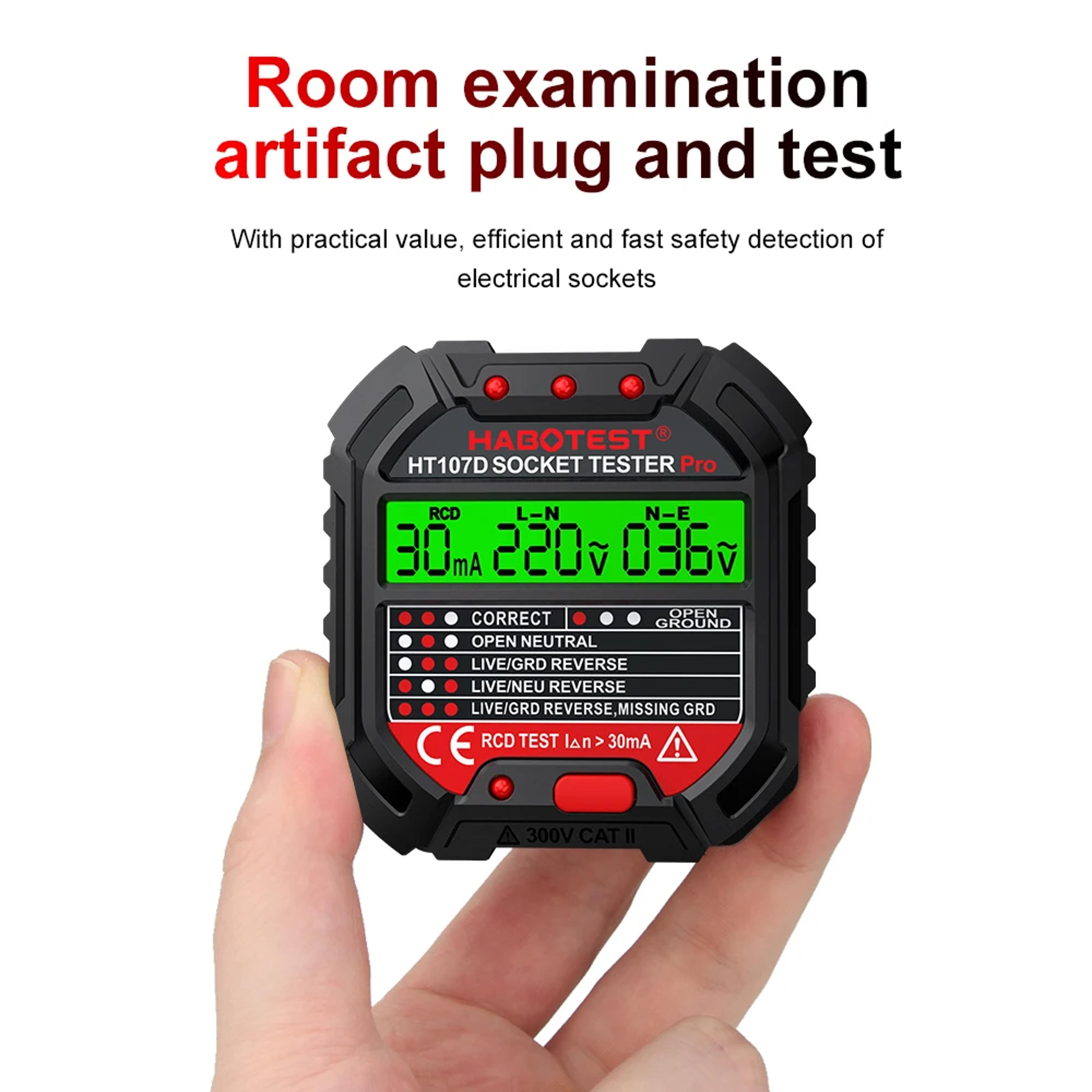 ht106 ht107 digital socket tester with voltage detector, rcd ncv test for ground, zero line & phase check