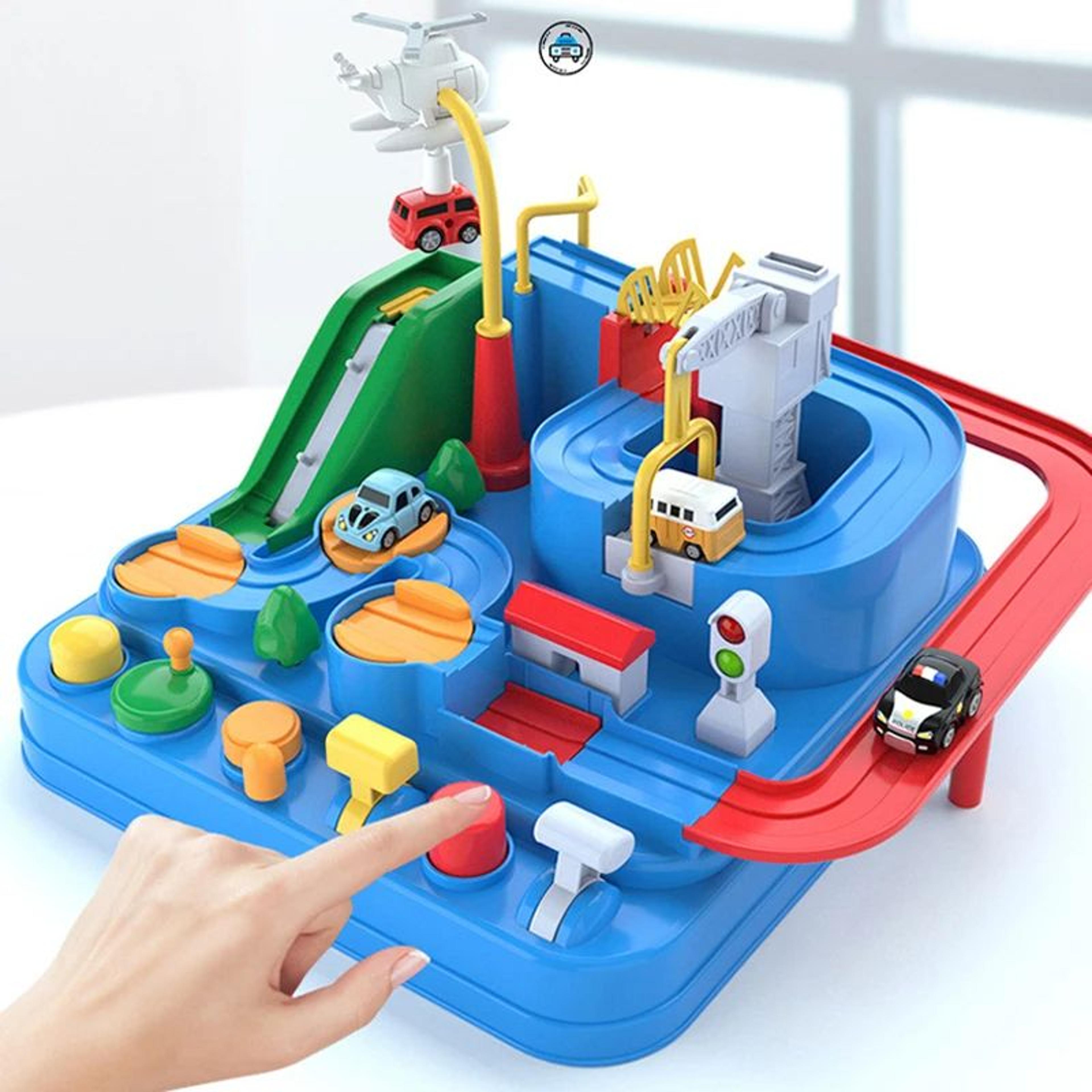 children racing rail car model & brain-training interactive train toy with space rocket and animal track adventure